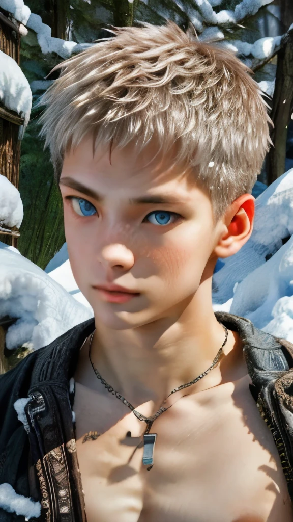 Human-boy, 18-years old boy, white messy hair, blue-colored eyes, (deep blue-eyes, finely detailed blue-eyes), (detailed face, perfect face, handsome face:1.6), (pale skin, albino skin:1.4), ethereal beauty, defined body, (detailed body, well-built chest and abs:1.5), detailed arms, well-built arms, perfect hands, wearing ONLY brown cloth pants, (shirtless:1.6), (no shoes:1.2), playful smile, naughty look, surrounded by a snow gust, walking in a winter forest background, ground covered in snow, cinematic, (long shot, wide shot:1.5), (masterpiece, best work, high-resolution:1.7),