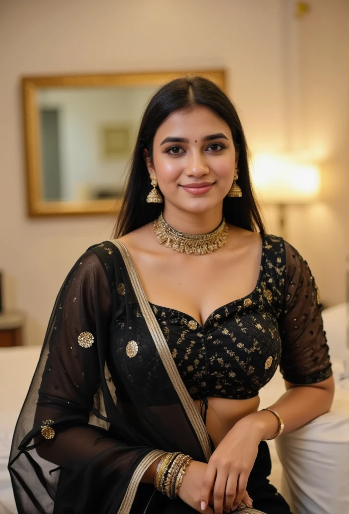 The image depicts a indian woman in a traditional Indian attire, likely a black lehenga, which is a type of skirt.she is showing her hot navel,navel hole is big.exposing breast, The outfit is black with gold detailing, and she has paired it with large, dangling earrings and a choker-style necklace. Her hair is long and black, and she has freckles and she is wearing makeup that includes dark eyeliner and pink lipstick. She is smiling and appears to be posing for the photo ,capture complete body from head to toe. The background suggests an indoor setting, possibly a luxurious bedroom, indicated by the presence of a bed and a mirror reflecting her image. The lighting seems to be artificial, coming from a source outside the frame.,Extremely Realistic.,rashmika,rashmikamandanna,sunny,rasha, navel, navel, navel