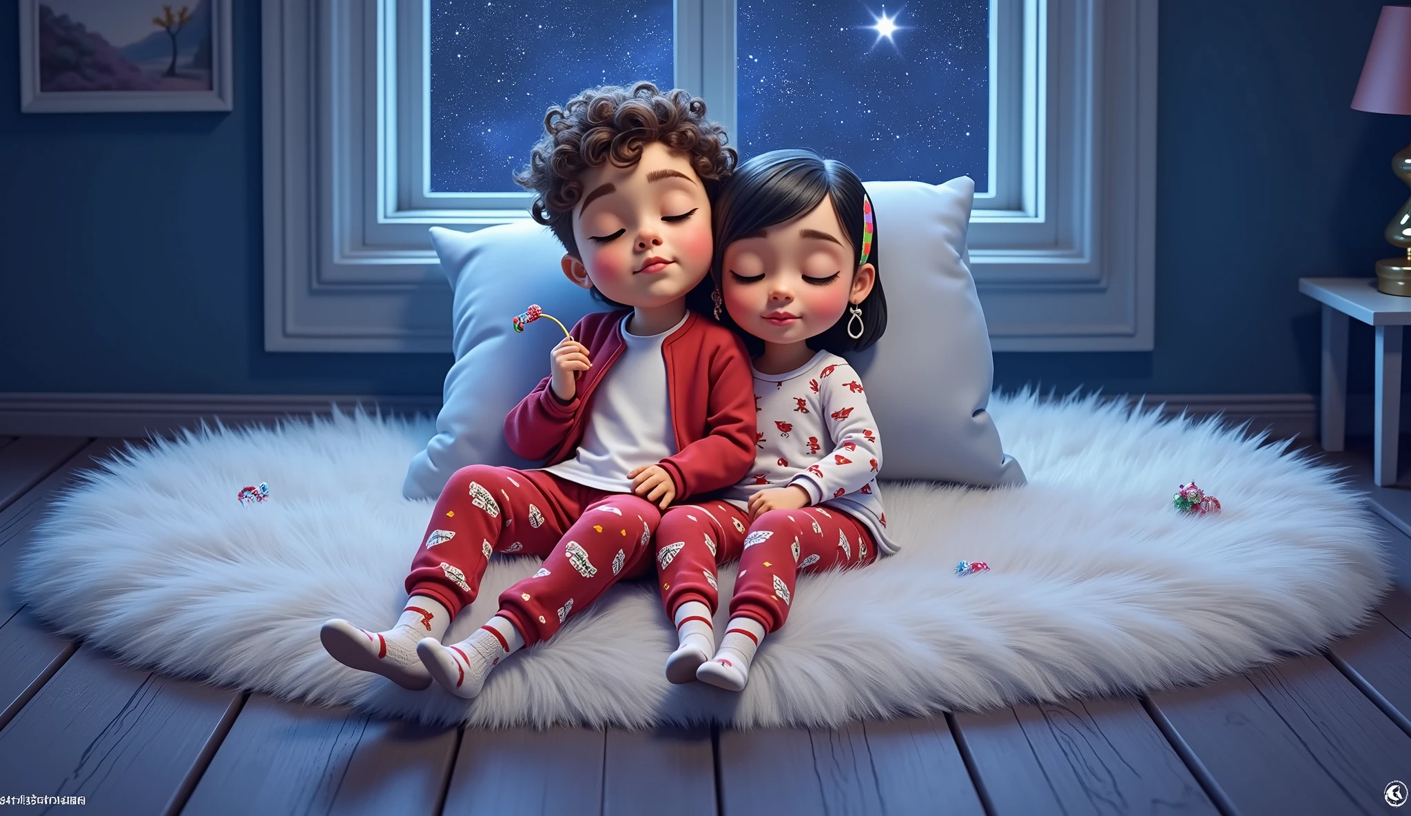 An enchanting 3D scene inspired by Disney Pixar movies, posters, and characters, rendered in high resolution and top quality. Two 6 anos de idade, 6yo, 6, a 6, siblings are lying on a fluffy white rug, peacefully sleeping with their eyes closed, lovingly hugging each other. The boy has sun-kissed bronze skin, very light brown curly hair, and is dressed in a white T-shirt empty, red pajama pants with Christmas-themed patterns, a red sweatshirt, and white Christmas socks. The girl has light brown skin, straight black hair, and is also wearing a white T-shirt, red pajama pants with Christmas-themed patterns, a red sweatshirt, and white Christmas socks. She has a colorful feather earring. In the background, a large window showcases a stunning starry night, with one star shining much brighter than the others. The entire setting is imbued with a magical Christmas atmosphere, featuring cozy and heartwarming details that highlight the festive spirit. In the background the morning star shines brightlyEveryone in the scene, both ren, is lying down and peacefully sleeping with serene expressions.