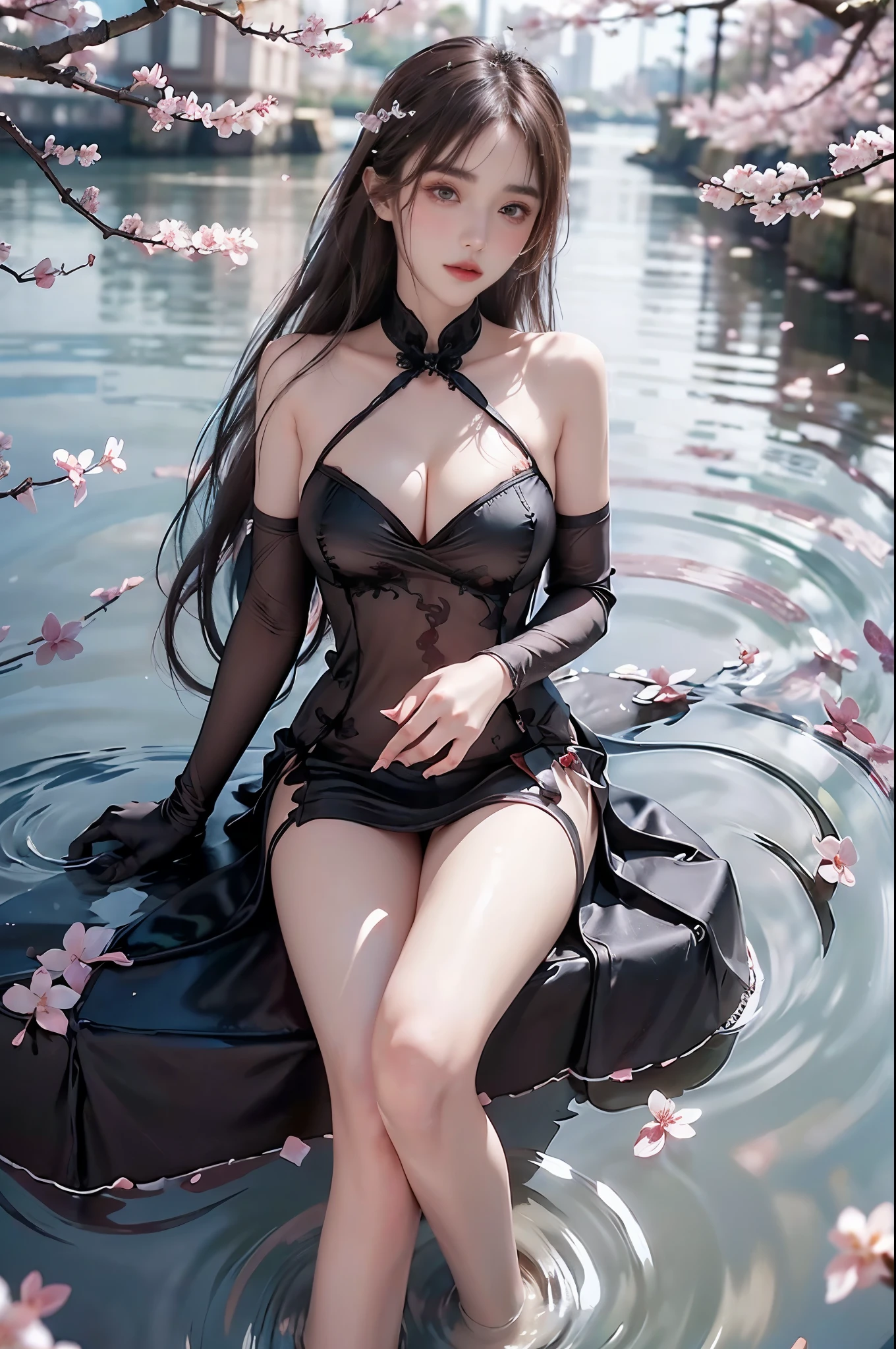 black chinese dress
black edged stockings
black gloves ((photorealistic)), ((masterpiece)), (ultra-detailed), (high quality), beautiful young woman, (Full breasts, visible cleavage), (Very short hemline, revealing smooth thighs), (Correct and beautiful leg shape), perfect facial features, flawless skin, flowing long hair, slim figure, (sitting on a large rock in a river:1.3), (feet dangling in clear flowing water:1.2), (one hand elegantly running through her hair:1.2), (scattered cherry blossom petals:1.3), (floating petals in the air:1.2), (petals on water surface:1.2), soft natural lighting, shallow depth of field, gentle water ripples, cinematic lighting, professional photography, 85mm lens, F2.8, bokeh