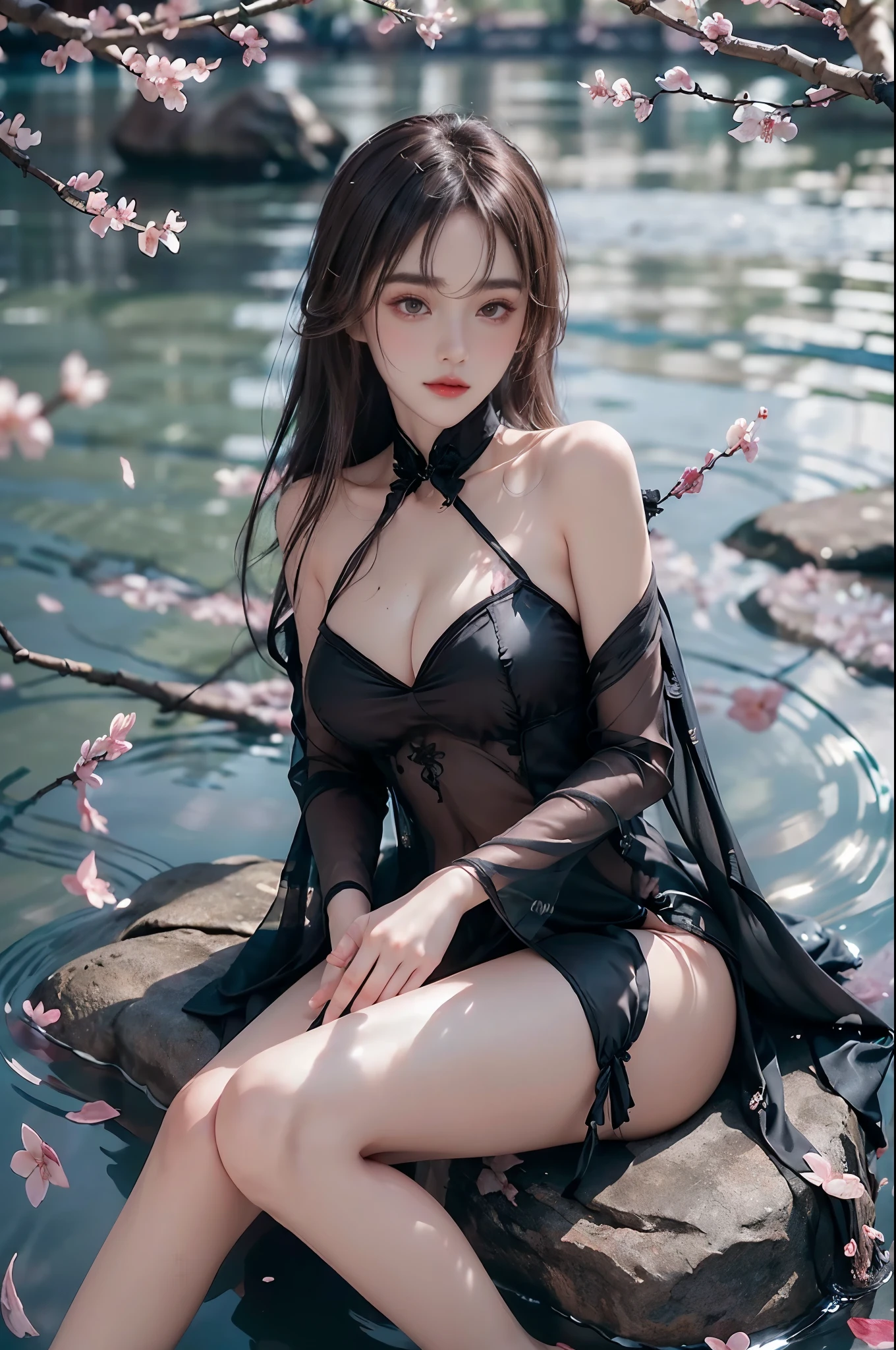 black chinese dress
black edged stockings
black gloves ((photorealistic)), ((masterpiece)), (ultra-detailed), (high quality), beautiful young woman, (Full breasts, visible cleavage), (Very short hemline, revealing smooth thighs), (Correct and beautiful leg shape), perfect facial features, flawless skin, flowing long hair, slim figure, (sitting on a large rock in a river:1.3), (feet dangling in clear flowing water:1.2), (one hand elegantly running through her hair:1.2), (scattered cherry blossom petals:1.3), (floating petals in the air:1.2), (petals on water surface:1.2), soft natural lighting, shallow depth of field, gentle water ripples, cinematic lighting, professional photography, 85mm lens, F2.8, bokeh