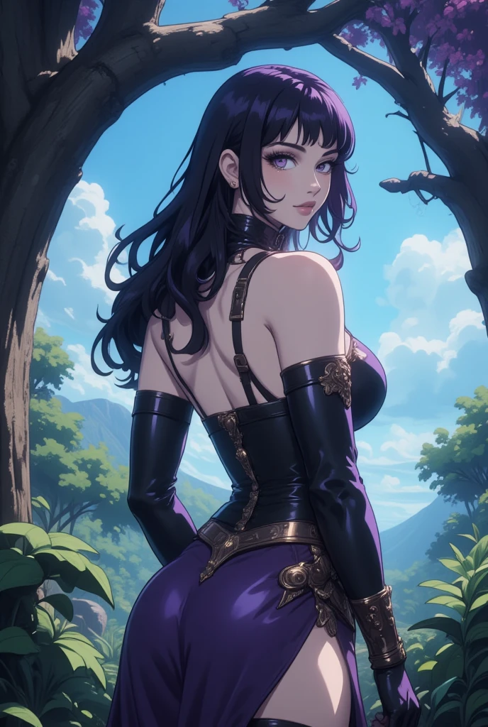 purple eyes, torn dress, sexy pose, masterpiece, seductive face, good light, cleavage, fine detail, masterpiece, shining eyes, 1girl, black hair, nezuko kamado, nature background, masterpiece, best quality, perspective,