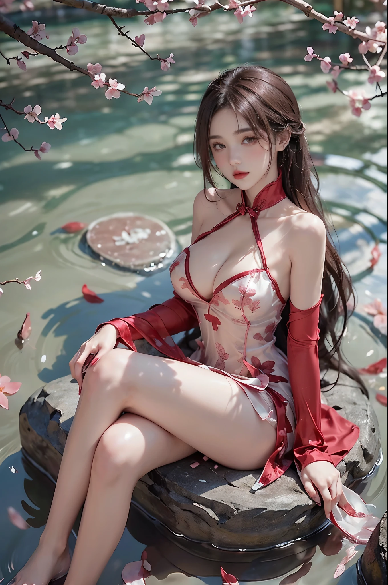 red chinese dress
red edged stockings
red gloves ((photorealistic)), ((masterpiece)), (ultra-detailed), (high quality), beautiful young woman, (Full breasts, visible cleavage), (Very short hemline, revealing smooth thighs), (Correct and beautiful leg shape), perfect facial features, flawless skin, flowing long hair, slim figure, (sitting on a large rock in a river:1.3), (feet dangling in clear flowing water:1.2), (one hand elegantly running through her hair:1.2), (scattered cherry blossom petals:1.3), (floating petals in the air:1.2), (petals on water surface:1.2), soft natural lighting, shallow depth of field, gentle water ripples, cinematic lighting, professional photography, 85mm lens, F2.8, bokeh