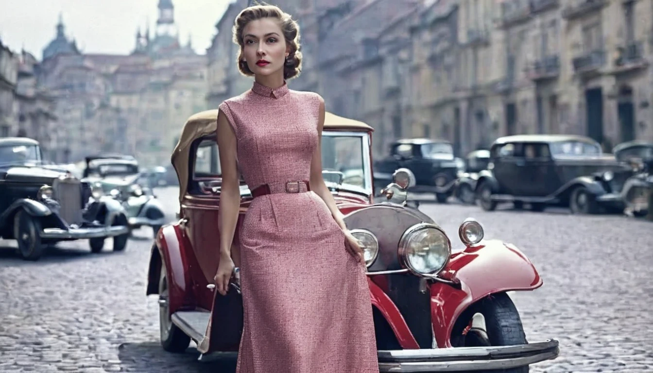 araffe woman in red dress standing next to a red car, vintage cars, vintage car, inspired by Anka Zhuravleva, classic car, classic cars, vintage fashion, elegant girl, retro photography, by John Alexander, looking regal and classic, by Vincent Lefevre, vintage photography, red car, by Eugeniusz Zak