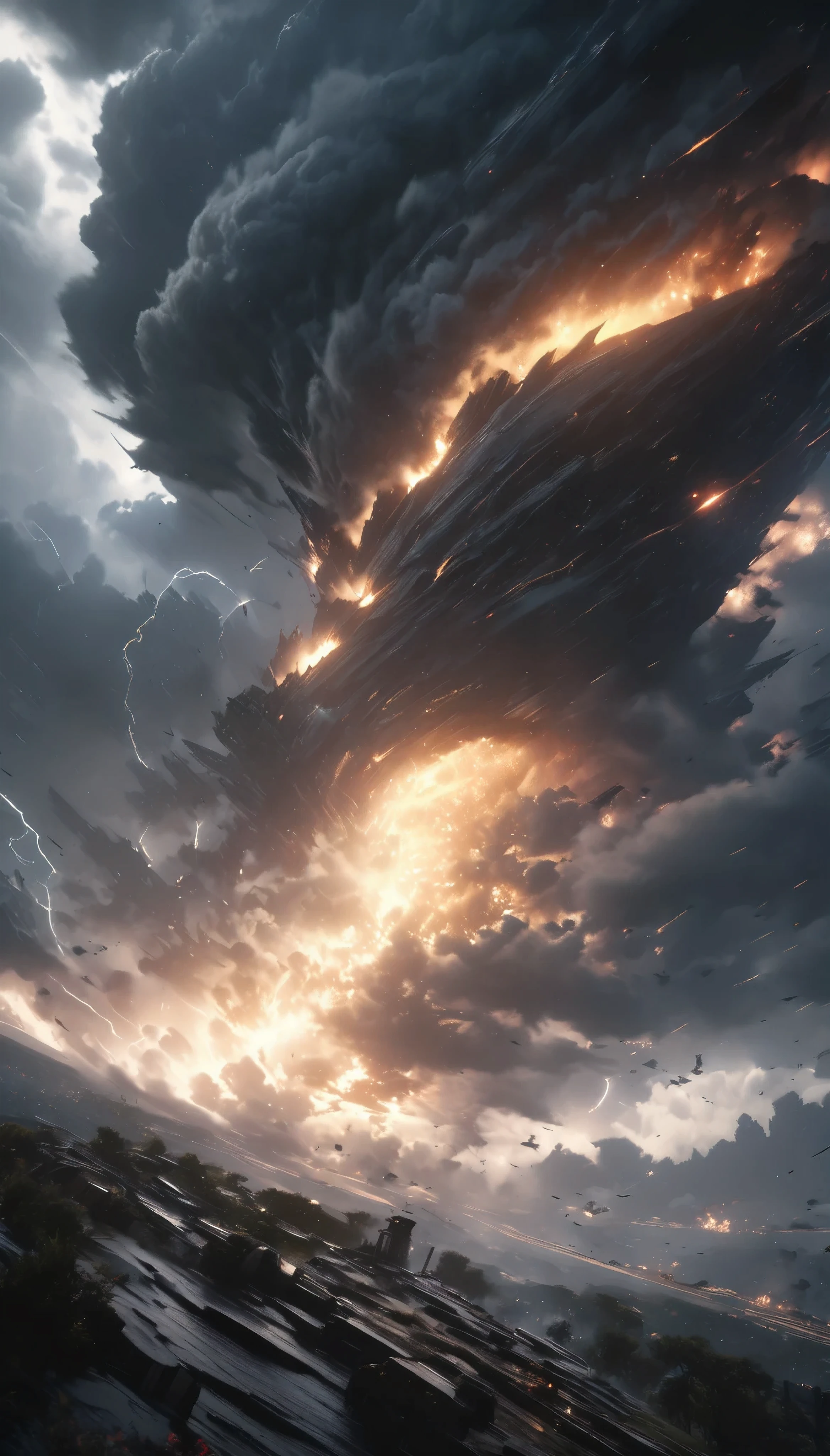 GOTHIC SPACE FANTASY ,  A small tornado blasts like a storm, dramatic dramatic lighting, cinematic composition, (best quality,4K,8k, highres icon,masterpiece:1.2),ultra-detailed,(realistic,photorealistic,photo-realistic:1.37),dark moody colors,dramatic storm clouds,glowing energy field,intricate machinery,powerful wind effects,dynamic camera angle,epic science fiction,dramatic atmosphere