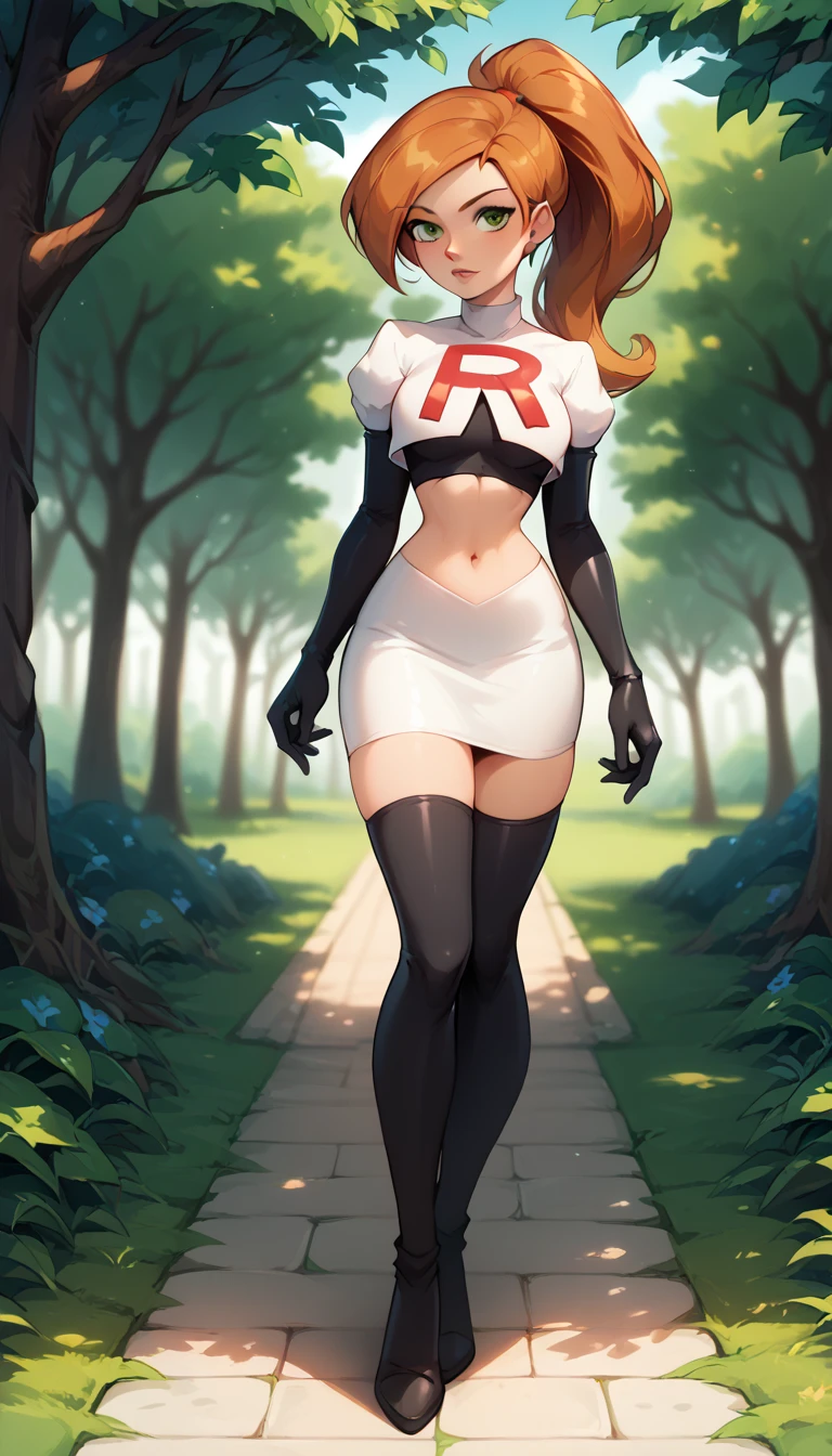 1girl, solo, Kim Possible, ponytail, Cosplay_TeamRocket, team rocket uniform, white jacket, cropped jacket, white skirt, elbow gloves, black thigh highs, heels, in beautiful green park, trees, shallow depth of field.