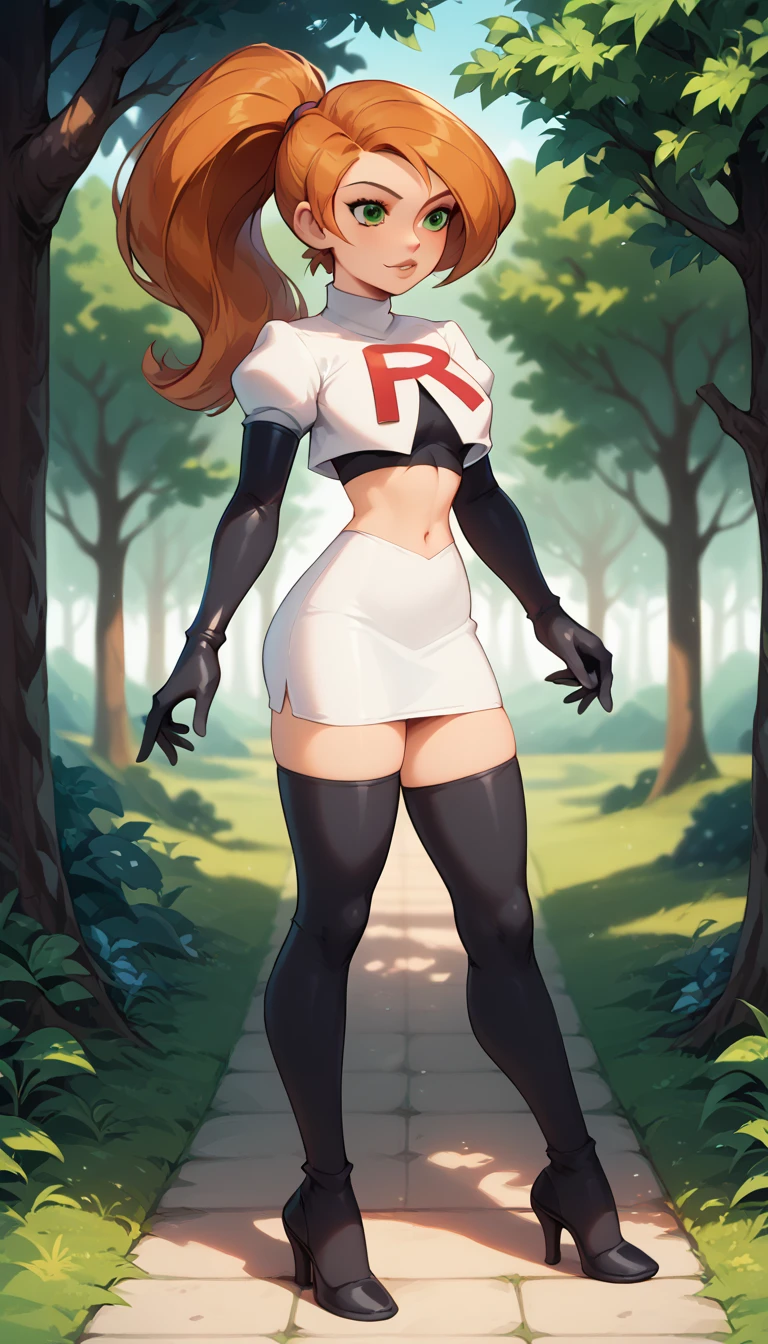 1girl, solo, Kim Possible, ponytail, Cosplay_TeamRocket, team rocket uniform, white jacket, cropped jacket, white skirt, elbow gloves, black thigh highs, heels, in beautiful green park, trees, shallow depth of field.