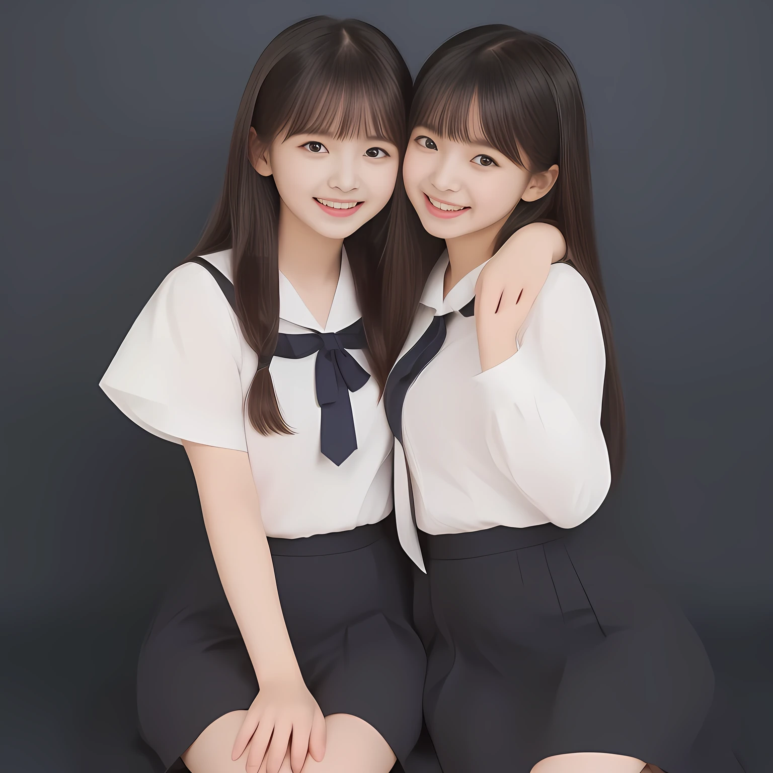 (Highest quality, masterpiece:1.2), Highest quality, High resolution, 1080P, 8k, (Two 13yo Japanese slender 清楚美少女アイドル are seated and give strong subliminal sexual invitation and temptation, cute skirt with beautiful knees, looking at the viewer, viewer's first lover, can't stop showing cute smile open mouth because of feeling the viewer too ridiculous, very white-white face, very proud of her long straight black hair, using face-whitening cosmetics, 13yo 美少女's eyes, Small pupils, laughing giggling most open mouth, too expensive navy sailor-styled school uniform, well-straitened super-long well-trimmed long hair, evenly neatly trimmed girly cute bangs: 1.5), (Laughing blushed cheeks with dimples), (Well-balanced, impressive, very intelligent, double-eyelids, black shining large eyes of 13yo 美少女 with detailed: 1.5), ((Beautiful well-figured glossy opened laughing lips: 1.2)), (mature breast), (The viewer is forced to madly kiss her breast ribbon), (Very beautiful, super-glossy, cute neat black amazingly long hair, straight well-done long hair-style: 1.3), (plain blue background: 1.6), (((Completely balanced beautiful big cool eyes: 1.3))), (eyes, face and hair are especially beautifully detailed and beautifully drawn: 1.5), (She makes the viewer drink her love ribbon: 1.2), (the viewer become crazy and can't stop bursting and running every liquid to 清楚美少女, 美少女 is surprised : 1.7), (School uniform, too-cute slender 13歳 super-long-hair Japanese 美少女 idol twins are laughing at me and unties the breast button and make the viewer drink it: 2.0), (Super long hair super-beautiful magically-bewitching 美少女 super-cute face navy-sailor-suit school-uniform pretty slender 美少女 of 美少女 photo magazine in the 1990s: 2.0), (Atmosphere and expressions and all the symbols are cleverly devised traps to force the viewer fall quickly into eternal deep deep unreal sexual pleasure of beautiful girl's inevitable embrace hypnosis: 2.0)