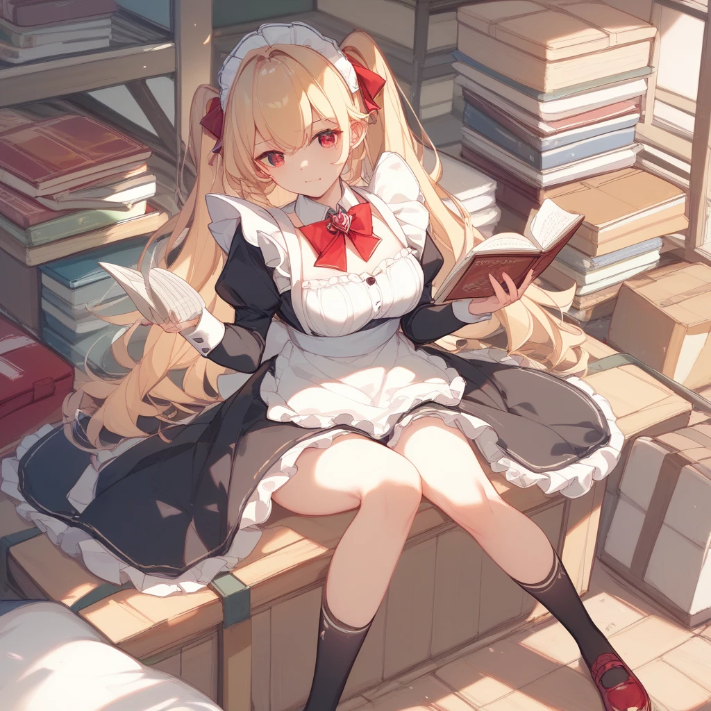  best quality、(masterpiece:1.2)、Illustration、 absurd、 ( 1 girl 、solo)、( beautiful detailed girl )、  blonde hair 、 maid outfit （Black Dress、White Apron、White brim）、Ruby Eyes、Black socks、Red Shoes、storehouse、Reading、Surprise expression