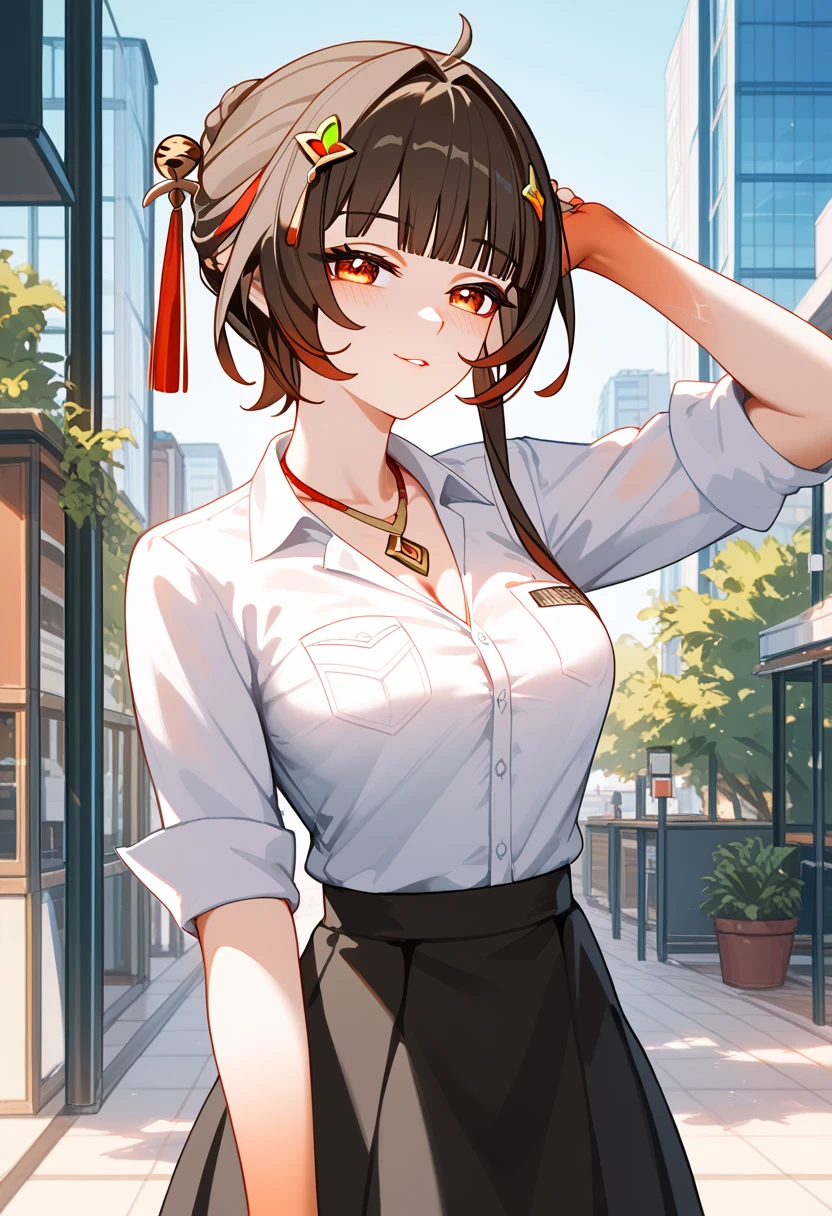 Guinaifen \(honkai: star rail\),  Business shirts、black Skirt、necklace、random expression、 random angles、random pose, cowboy shot、sexy Lip、Translucent skin， the skin is fair 、Moist eyes、Gentle eyes、Gentle look, solo,  outdoor、
BREAK
high definition , masterpiece,  anatomically correct, 最 High Quality ,  very detailed,  High Quality , 