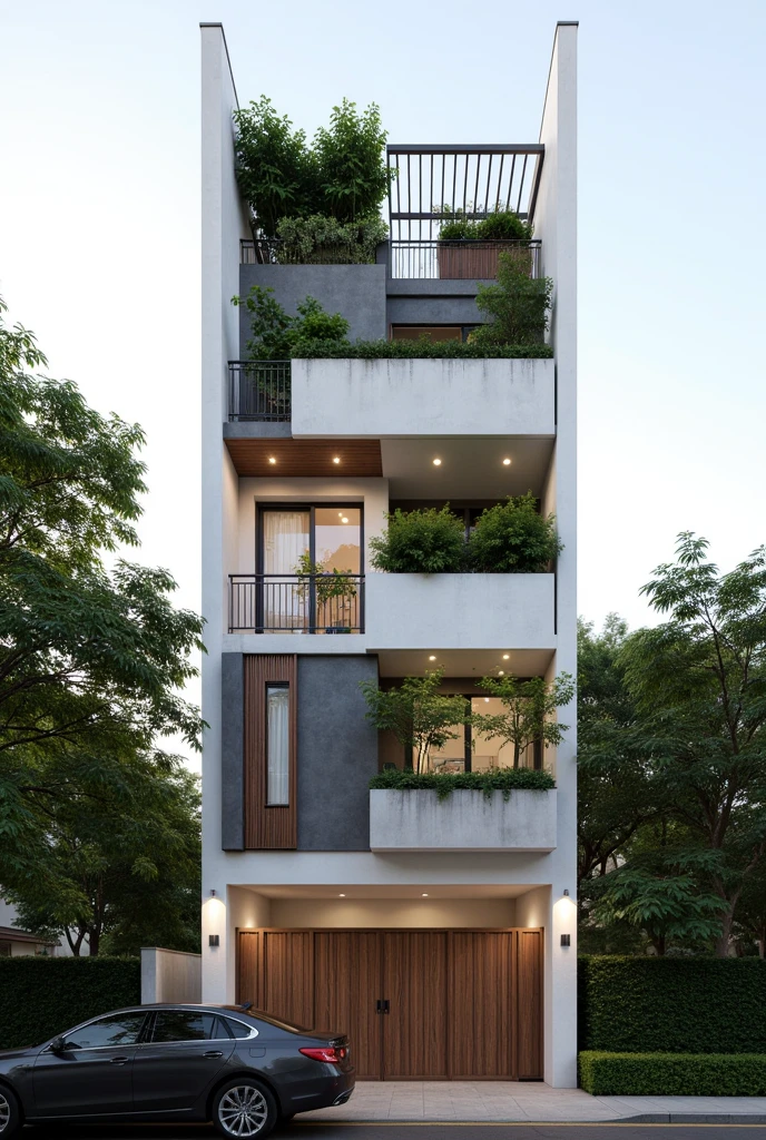 KTS PC, This image depicts a narrow, town-story modern house, (Led spot light turn on), Block design divided into 2 highlights: main and secondary, The design emphasizes vertical space and incorporates greenery and natural elements. Facade design many idea for town house in viet nam, Structure and Design: The building is tall and slender, typical of urban townhouses where land space is limited. The facade combines white and gray surfaces, likely concrete or a similar material, giving it a clean, contemporary look. Balconies and planters break up the facade and add visual interest. Window and door xingfa glass design
Greenery: Plants and greenery are integrated into the design. Each balcony features planter boxes with various plants, creating a vertical garden effect. This softens the building's hard lines and brings nature into the urban environment. The rooftop also has a planter box and some small trees.
Gate and Entry: A combined gate and carport structure covers the ground floor. The gate is made of metal and wood, A retractable awning or canopy is integrated into the gate structure, providing shade.
Balconies and Rooftop: The balconies have metal railings and wood accents. The rooftop features a metal pergola or trellis, which provides shade and supports climbing plants.
Surroundings: The building sits along a street, with trees and hedges providing some greenery at ground level. A dark-colored car is partially visible in the foreground. (connecting architecture with nature). The vertical garden aspect is a key feature, creating a visually appealing and environmentally friendly element. The building seems well-suited for urban living, maximizing vertical space and incorporati, indicating that this is likely an architectural rendering from the company SBS House, Best Quality,Masterpiece, UHD, 4k, Stunning,Eye-catching,Sharp edge render, Award winner design in 2024, Photorealistic, High-Resolution, Detailed, Accurate, Vibrant