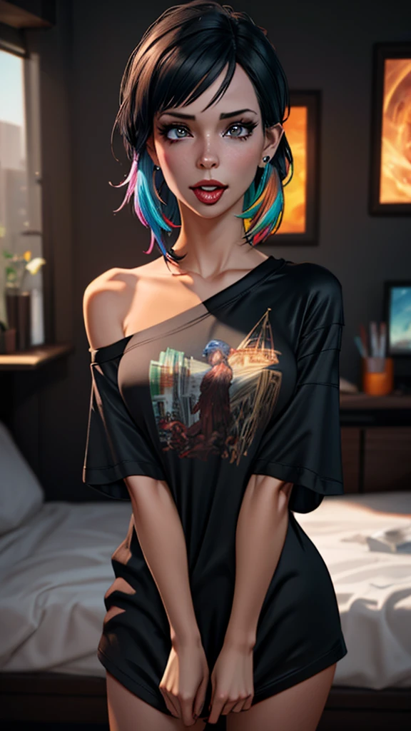 (masterpiece:1.4), (best quality), (detailed), 1girl, tongue, pale skin, oversized shirt, shirt, off shoulder, shirt, naked shirt, shirt tug, (edgEarPiercing, EAR PIERCING,)
 glow effects, godrays, Hand drawn, render, 8k, octane render, cinema 4d, blender, dark, atmospheric 4k ultra detailed, cinematic, Sharp focus, big depth of field, Masterpiece, colors, 3d octane render, 4k, concept art, trending on artstation, hyperrealistic, Vivid colors, extremely detailed CG unity 8k wallpaper, trending on CGSociety, Intricate, High Detail, dramatic