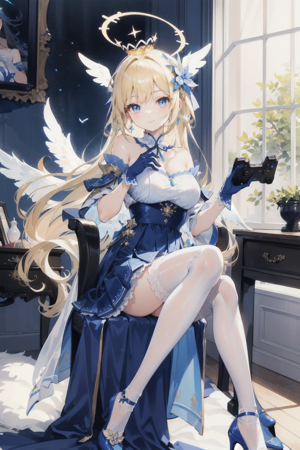 (masterpiece, best quality:1.2), 1 Girl, Solitary, blond, Blue hair band, 左边是Blue hair band, White blue bra, Black gloves, knight skirt, Solid color background