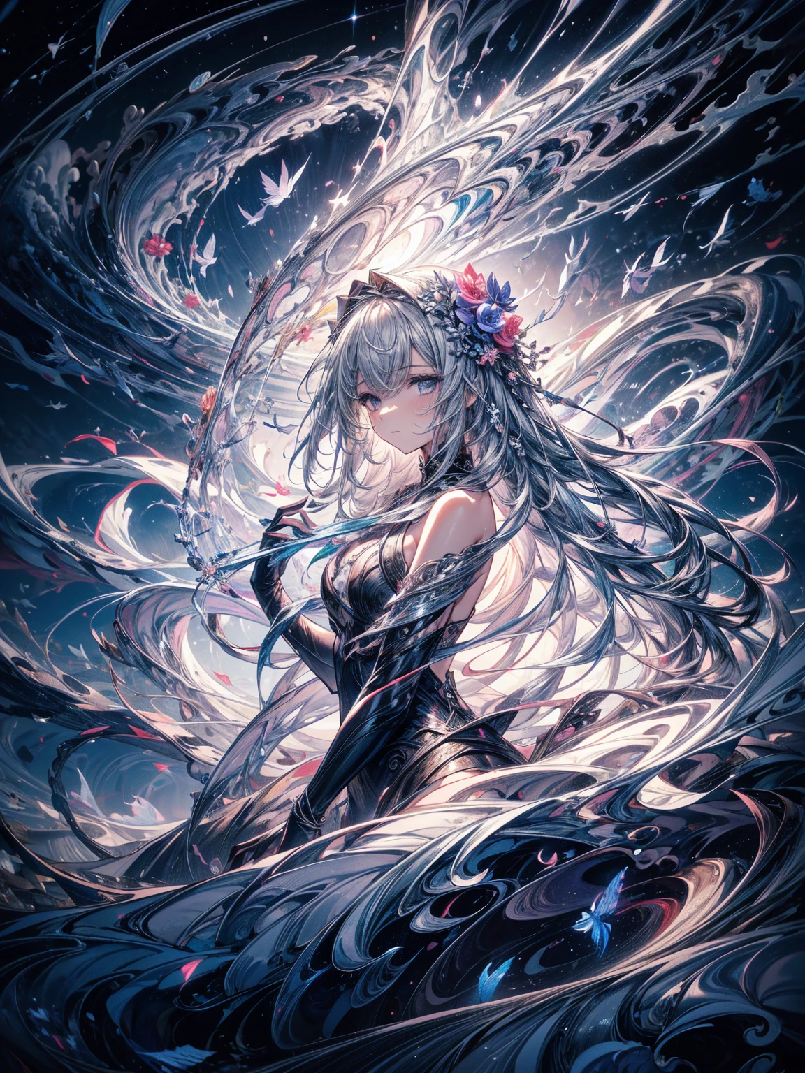 Break, waves,  1 girl, No.18, Very long hair,  Silver Slit Dress, 
Flowers Bloom ,  galaxy,  Spiral Nebula , birds,   Like a Dream ,
 Best quality, masterpiece,  ultra high resolution, illustration, Deep Shadows, edge light, 