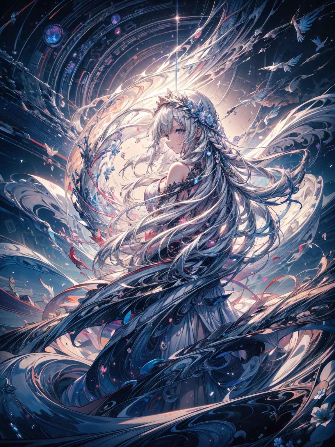 Break, waves,  1 girl, No.18, Very long hair,  Silver Slit Dress, 
Flowers Bloom ,  galaxy,  Spiral Nebula , birds,   Like a Dream ,
 Best quality, masterpiece,  ultra high resolution, illustration, Deep Shadows, edge light, 