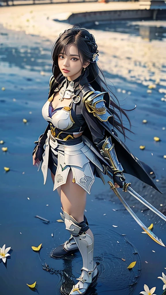 Sexy female character wearing white armor as a warrior from the Sengoku period 、((french braid hair))、((onyx black hair))、((toned body))、(glistening skin)、 toned body、((mega breasts 1.8))、 plump breasts 、 plump thighs 、 The white armor with a lily pattern engraved on it is a bikini type and is designed to emphasize chest exposure、(  wear a cloak with a lily flower pattern )、bustle skirt、 purple shin guard with lily flowers engraved on it 、White high-leg underwear 、White tights、 absolute domain、((overhead shot))、Noble and elegant atmosphere、 The background is a battlefield with lilies in full bloom 、(( lots of lily petals scattered on the screen ))、 Super high resolution and realistic touch 、 shiny armor and fabric texture 、