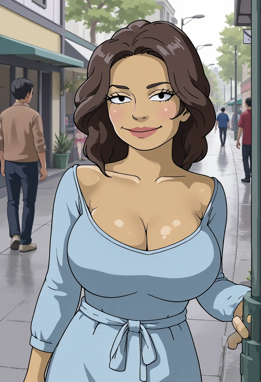 < onoff> 21 year old, overweight , confident looking woman. Evil grin. Ice walking on a city street. Long hair in a ponytail.