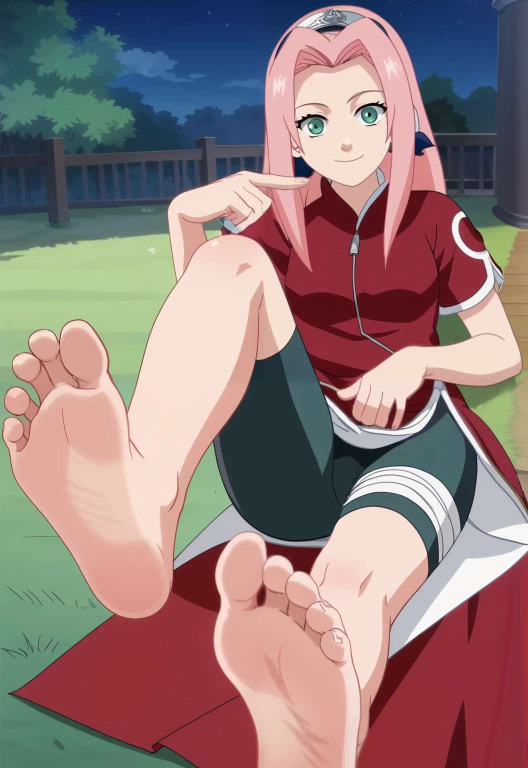 score_9, score_8_up,source_anime,
1girl,  Sakura Haruno , pink hair, long hair, green eyes, red qipao, short sleeves, bike shorts,alone, looking at viewer, cowboy shot, anime screencap, anime coloring，barefoot，Perfect feet，Anatomically correct，soles，Focal length 35mm, Five toes，front，Symmetrical Soles，Foot Focus, night, in a garden, lying on the grass, lifting legs to show her soles, from above, flirty gaze, flirty smile