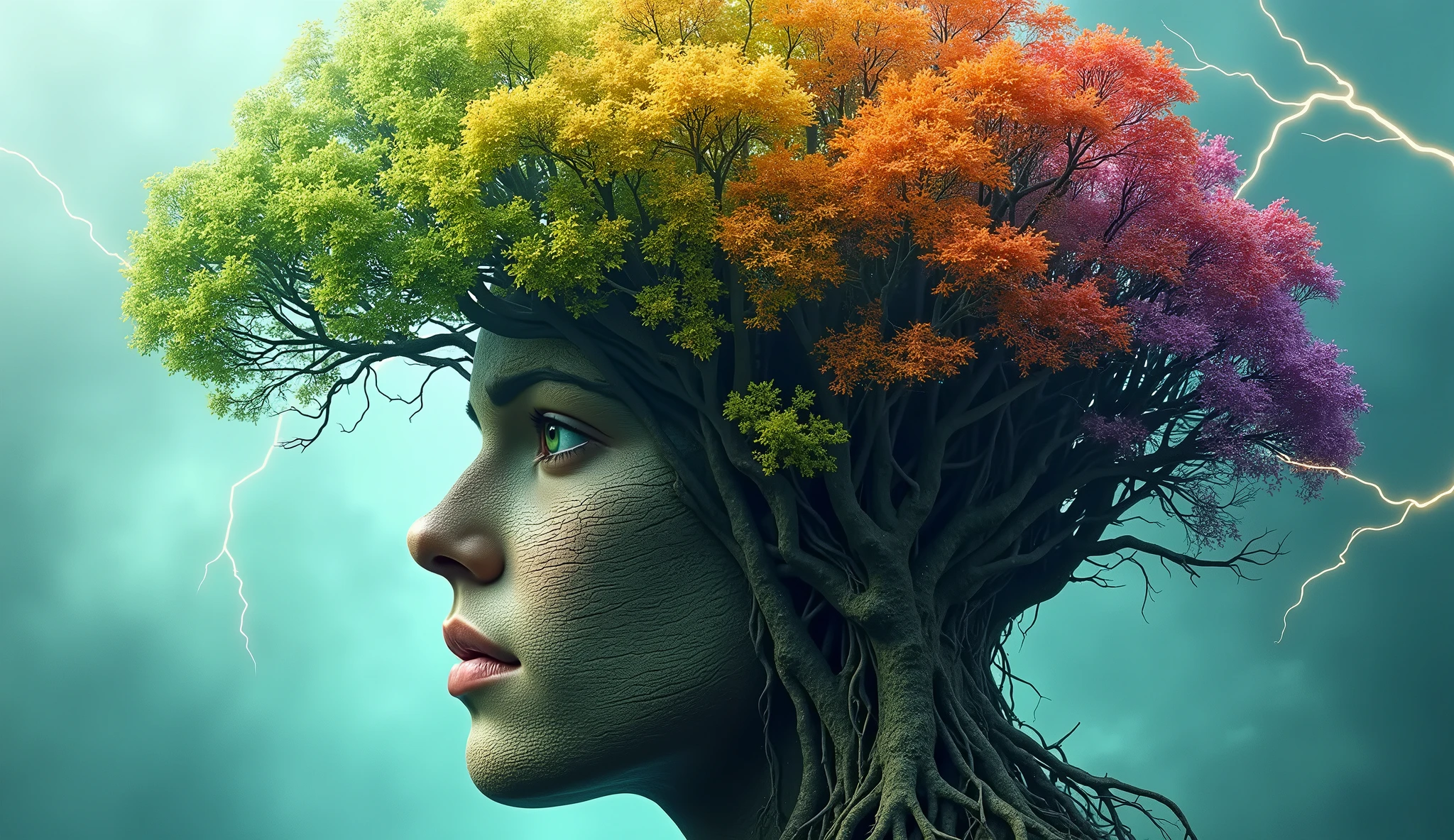 Arafed woman with a tree in her head with lightning coming out of it ...