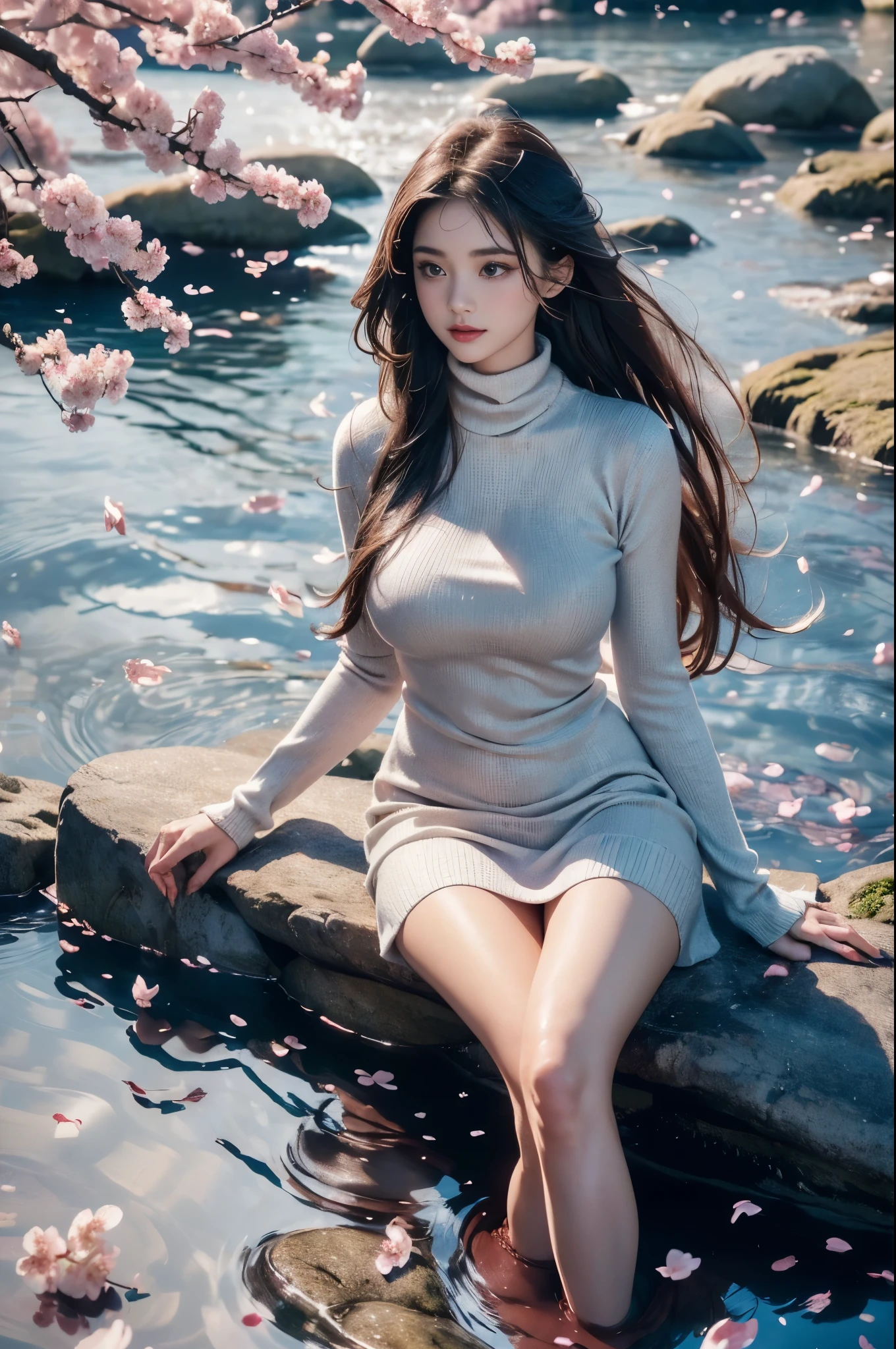 Mini Sweater Dress Turtleneck ((photorealistic)), ((masterpiece)), (ultra-detailed), (high quality), beautiful young woman, (Full breasts, visible cleavage), (Very short hemline, revealing smooth thighs), (Correct and beautiful leg shape), perfect facial features, flawless skin, flowing long hair, slim figure, (sitting on a large rock in a river:1.3), (feet dangling in clear flowing water:1.2), (one hand elegantly running through her hair:1.2), (scattered cherry blossom petals:1.3), (floating petals in the air:1.2), (petals on water surface:1.2), soft natural lighting, shallow depth of field, gentle water ripples, cinematic lighting, professional photography, 85mm lens, F2.8, bokeh