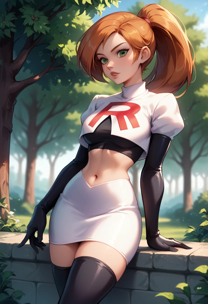 score_9, score_8_up, score_7_up, 1girl, solo, Kim Possible, ponytail, detailed eyes, detailed face, Cosplay_TeamRocket, team rocket uniform, white jacket, cropped jacket, white skirt, elbow gloves, black thigh highs, in beautiful green park, trees, shallow depth of field.