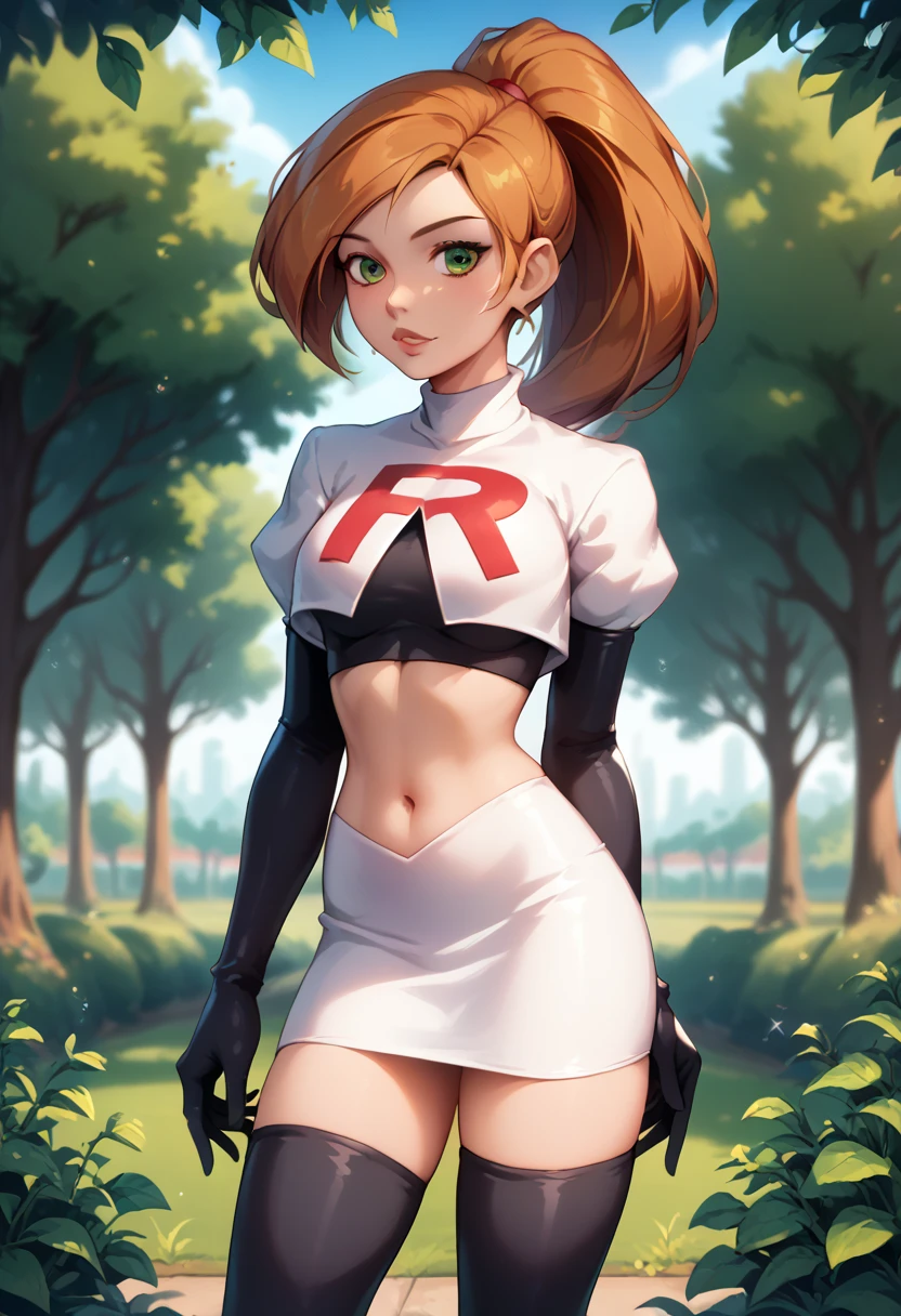 score_9, score_8_up, score_7_up, 1girl, solo, Kim Possible, ponytail, detailed eyes, detailed face, Cosplay_TeamRocket, team rocket uniform, white jacket, cropped jacket, white skirt, elbow gloves, black thigh highs, in beautiful green park, trees, shallow depth of field.