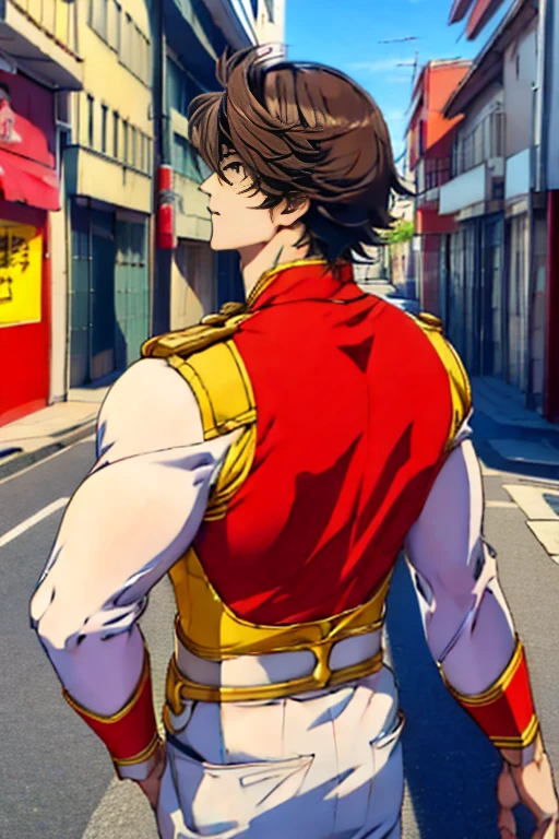 (  best quality ), ,Back Alley,  Japanese with a cool and handsome face ,Beautiful young 18 years old ,  handsome idol , Sentai Hero, 光沢のあるSentai Heroスーツ,  toned and muscular , Tall,  mash hair、壁際に追い詰められたSentai Hero, Raise your hands and surrender,  frightened,, can put fresh cream on his head 