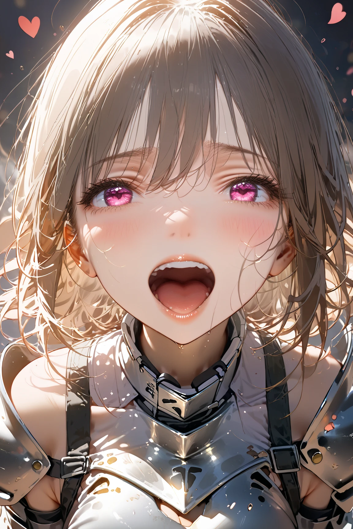    score_9, score_8_up, score_7_up,score_6_up,score_5_up,((masterpiece)), (( best quality)), (( high definition )), a girl ,solo , female knight , heart shaped eyes , open her mouth , torn gold armor ,middle breast,amano ririsa