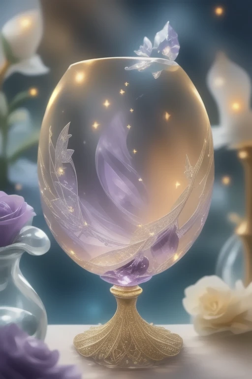 In a soft, golden light, a exquisite crystal chalice with intricate lacework and floral engravings sits atop a delicate pedestal. The transparent liquid within sparkles like the night sky, reflecting hues of sapphire, amethyst, and rose. The chalice's curves are adorned with delicate filigree, adding to its ethereal beauty as it appears to float amidst a subtle glow.,OBweisuo,A World of Glass