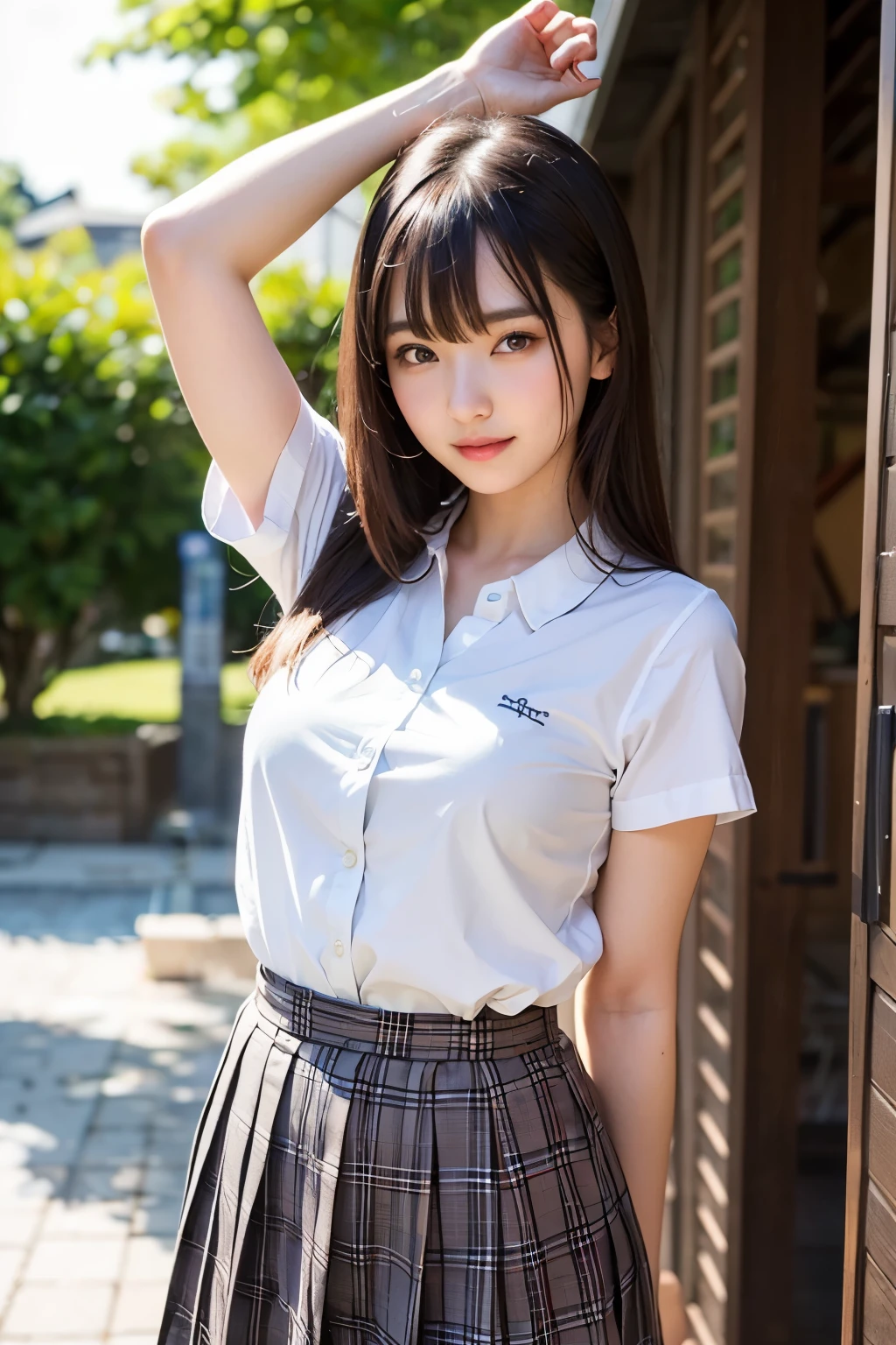 Character Focus、From above(school uniform:1.3), (Plain beige clothing around the waist:1.5), (West Knot:1.3), (white collared-shirt:1.4), ((white collar, Unbutton, Short sleeve):1.2), (Red checkered pleated skirt:1.3), ((necklace, Colorful Bracelets, × Hair Accessories):1.2),
Very detailed、(8k, RAW Photos, Highest quality, masterpiece:1.2), (extremely detailed 8k wallpaper),shape、Professional Lighting,Sharp focus, Written boundary depth、
Browsing Caution、Clear Eyes、Perfect Anatomy、With a girl、15-year-old student、Black gal(Dark Skin:1.2)、(Oily skin,Glowing Skin,Glowing Skin,Sweat:1.2),smile、Plump thighs、Huge 、Fully exposed、Big Breasts,(gap between buttons:1.4)、Lift up your skirt、blue eyes、blonde、(Compensate:1.1)、(Black High Socks 1.3)、High socks and layered loose socks:1.6、Brown Loafers、Sitting、((Leg spread:1.5)),on the road、Pastel colored pantiesが見えている、((Pastel colored panties))、((Shiny panties))、((Normal location:1.4))、(((Crouching pose))),((I was made to sit with my legs apart...))、Cowgirl, squat, Spread your legs