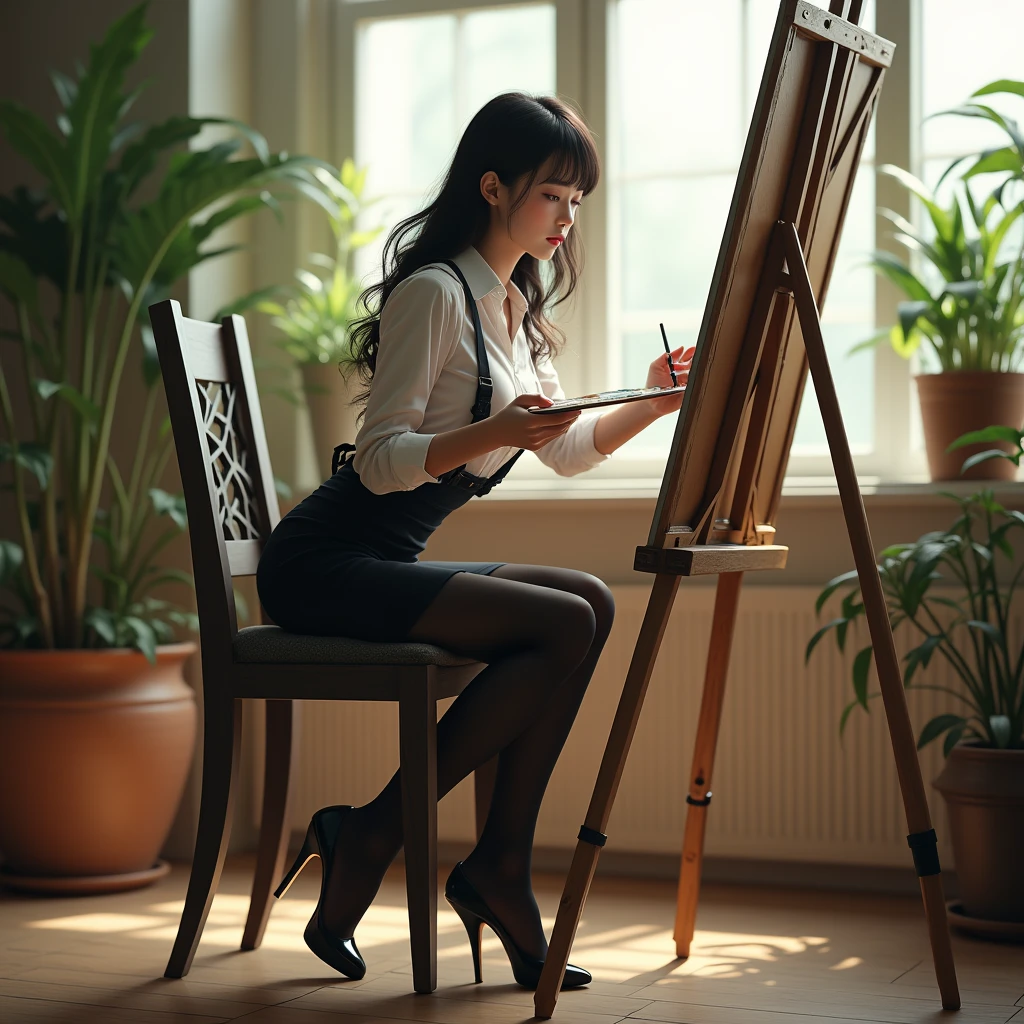 araffe woman in a black dress sitting on a chair in front of a easel, sensual painting, model painting, gorgeous woman, fully clothed. painting of sexy, posing for art photography, by Jakob Gauermann, stunning elegant pose, stunning woman, gorgeous lady, by Micha Klein, in her art room, gorgeous, stands at her easel