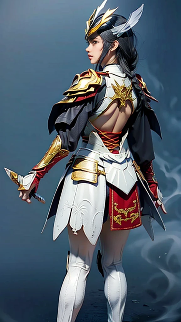 Sexy female character wearing white armor as a warrior from the Sengoku period 、((french braid hair))、((onyx black hair))、((toned body))、(glistening skin)、 toned body、((mega breasts 1.8))、 plump breasts 、 plump thighs 、 The white armor with a lily pattern engraved on it is a bikini type and is designed to emphasize chest exposure、(  wear a cloak with a lily flower pattern )、bustle skirt、 purple shin guard with lily flowers engraved on it 、White high-leg underwear 、White tights、 absolute domain、((from behind))、Noble and elegant atmosphere、((The background is full of lilies ))、(( A lot of big lilies are blooming))、 Super high resolution and realistic touch 、 shiny armor and fabric texture 、