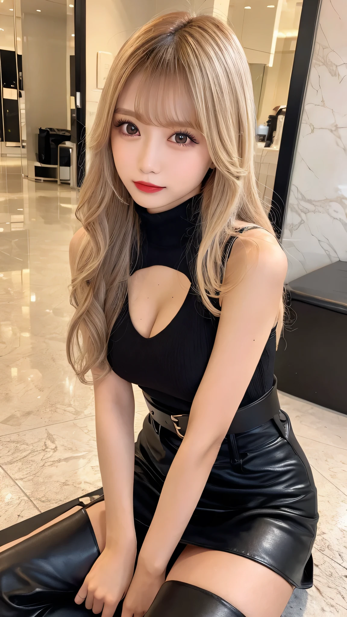 Blonde Hair、Light Hair Color、Shiny Hair、sexy、Beautiful eyelashes、20-year-old、 Beautiful eyes in every detail、Natural lip color、long hair、Cute face、Accentuate your breasts,Large Breasts,looking at viewer、Plain T-shirt、Short sleeve、Pichi Pichi costume、leather short pants、leather thigh boots、Shopping Centre、Apparel Shop