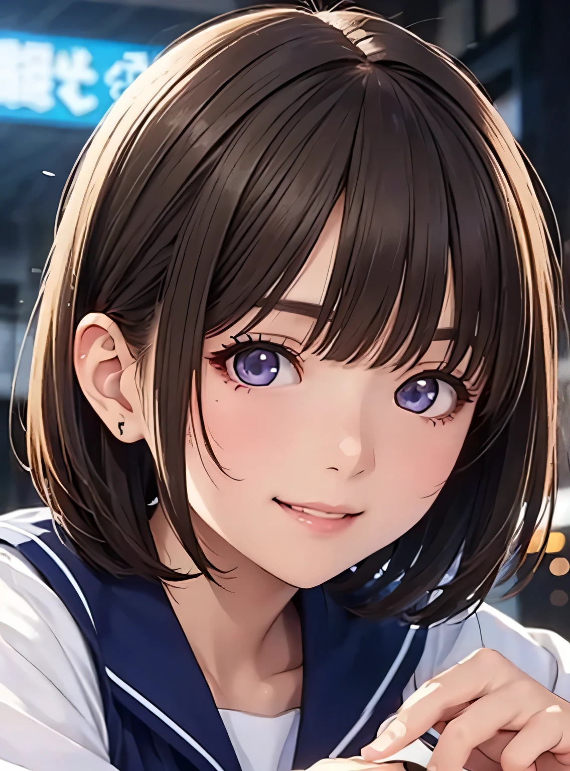      down high definition   ,In 8K,  best quality,    Details,  semi-realistic anime  ,3D Anime Style,   and 1 zoom photo with smooth animated CG   ,   mischievous girl  ,    man wearing a shirt  ,  slim,modeling, (( 1 photo of a  Japanese woman with 、Short Hair  )), ((Short Hair))、Short cut、Hands on cheeks、 tousled hair、Beautiful brown hair,    Detailsな顔,Beautiful and    Details,   no makeup、 slender 、skin growth     ,((    dark blue-purple glowing eyes   )),(   small breasts),((( ))),(smile),   sailor suit  ,Shibuya Dusk   、  cowboy　Shoot alone 