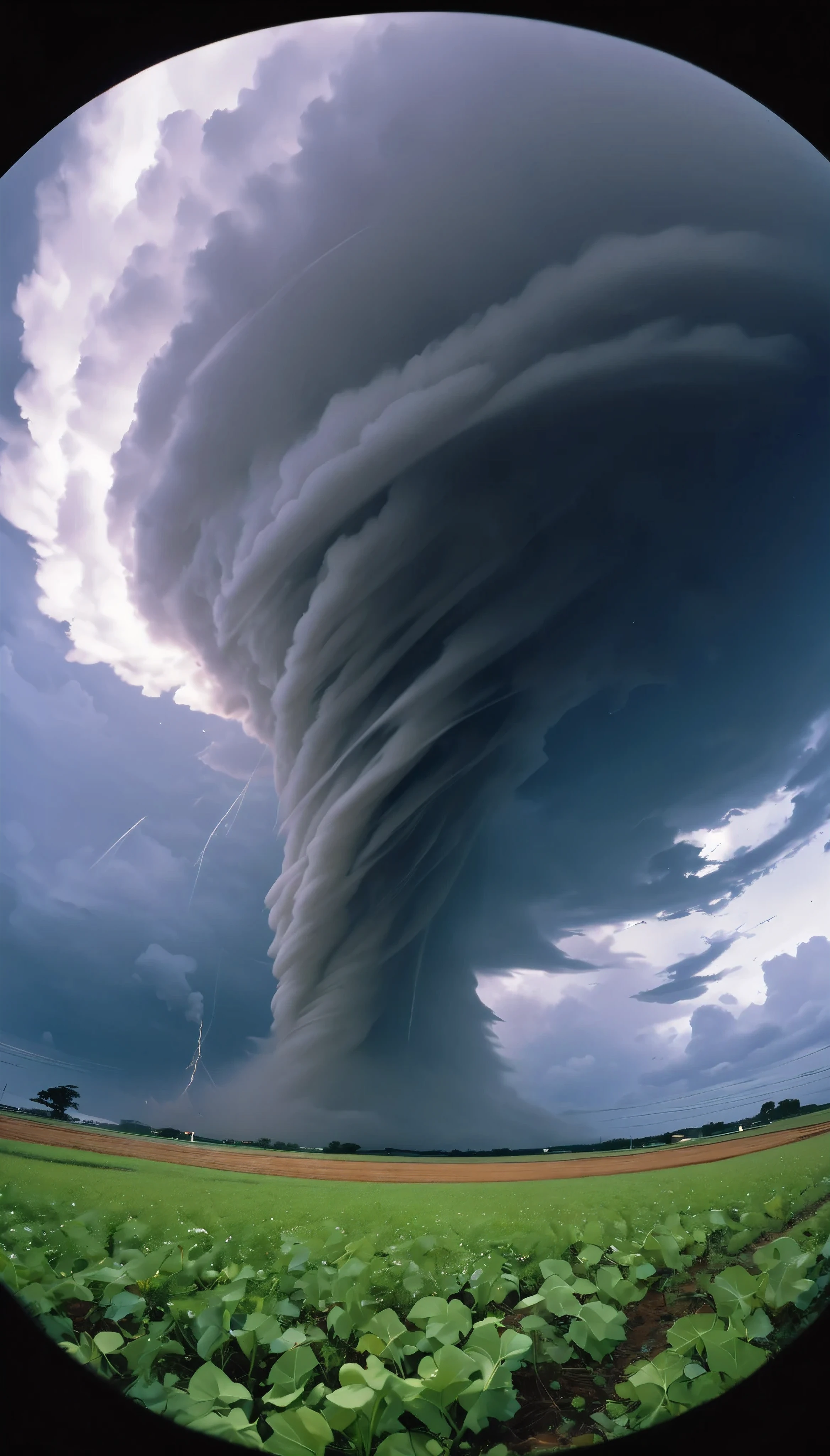 (Nikon F3, Nikkor 28mm  , ISO 50, F:3.2, shutter speed :1/1 0), velvia 50  , accurate focus , secure hold, Charming Blurring , RAW Photos, BRAKE Focus on tornado storm,  looked up at the sky , DAIKON field ,  from the center of the tornado ,  powerful storm motion,  Daikon being sucked in , \fisheye lens\