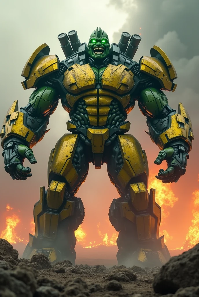 "Full-body depiction in a combat pose, hyper-realistic and cinematic in 4K resolution. A monstrous fusion of Hulk and Grimlock, with metallic green skin reinforced by massive golden plates. His muscular frame is impossibly large, with arms and legs built like industrial machinery. His face merges a ferocious robotic dinosaur with glowing green eyes radiating pure rage. Electrified claws extend from his hands, and twin plasma cannons mount on his shoulders. The backdrop is an apocalyptic battlefield of molten craters and firestorms, where he stands roaring, unleashing a seismic shockwave that obliterates everything in its path."