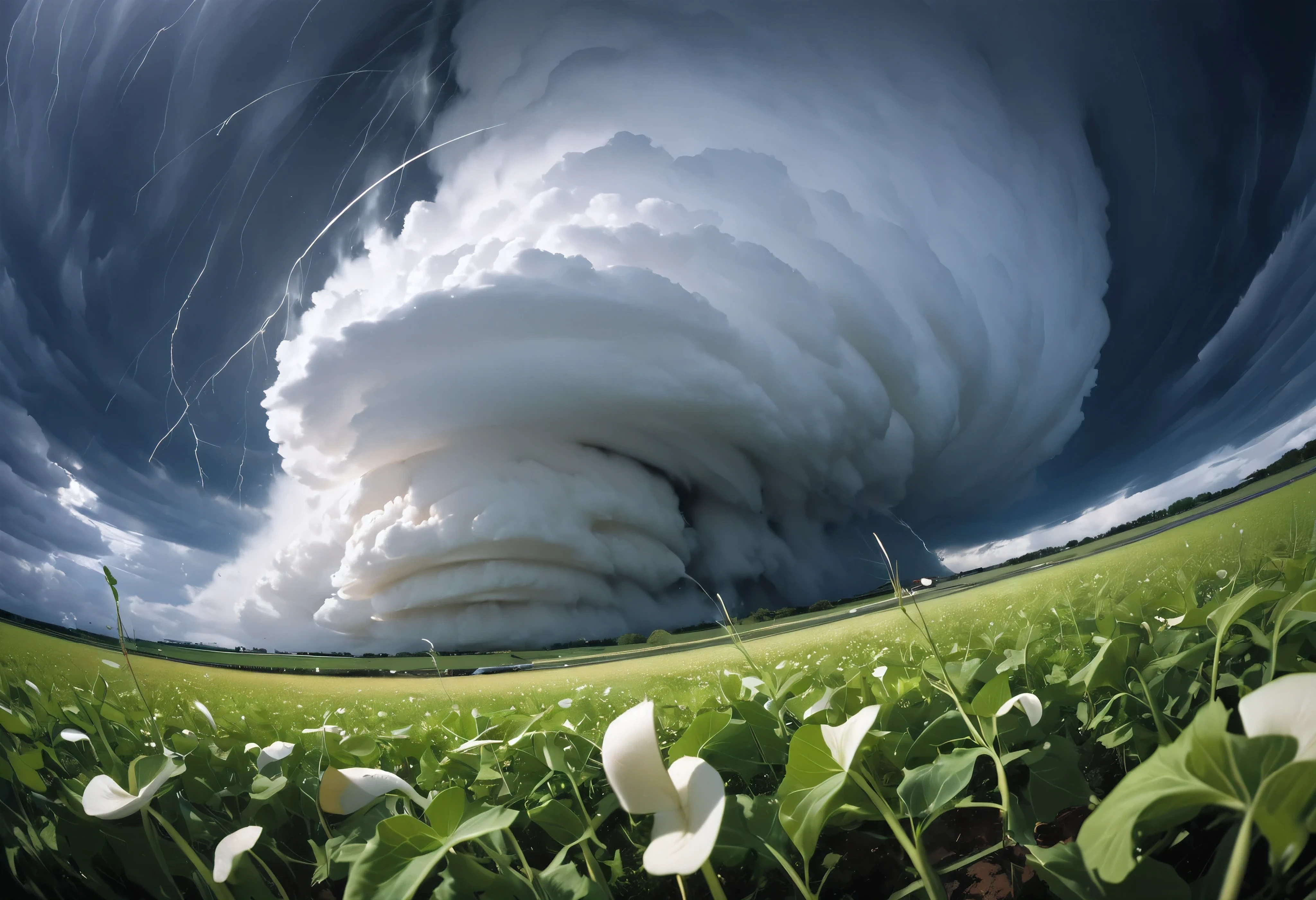 (Nikon F3, Nikkor 28mm  , ISO 50, F:3.2, shutter speed :1/1 0), velvia 50  , accurate focus , secure hold, Charming Blurring , RAW Photos, BRAKE Focus on tornado storm,  looked up at the sky , Daikon畑,  rotating dark cloud tornado ,  powerful storm motion,  Daikon being sucked in , \fisheye lens\, Multiple Exposure, Daikon