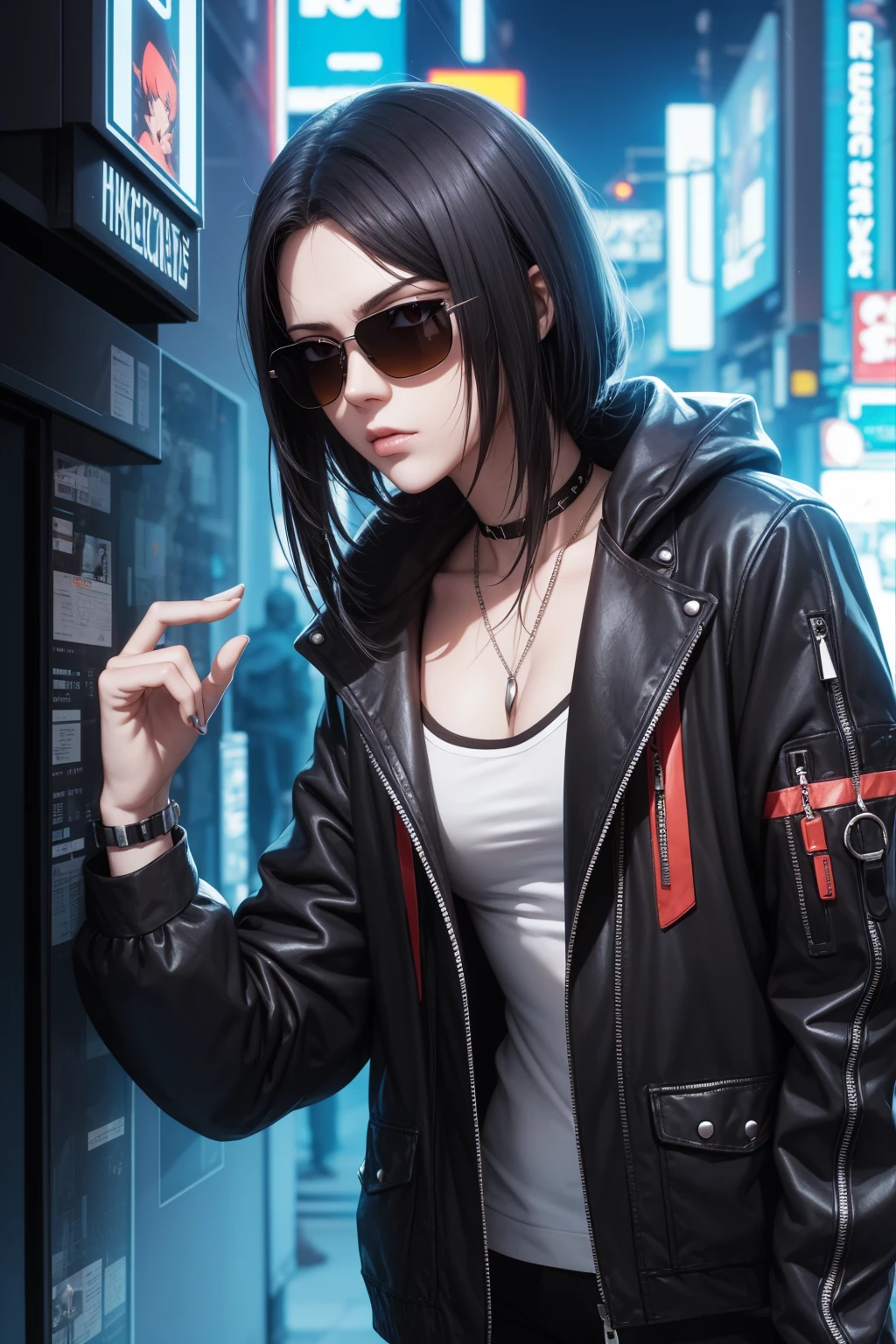 cyberpunk anime style, Hacker, cyber augments, sunglasses