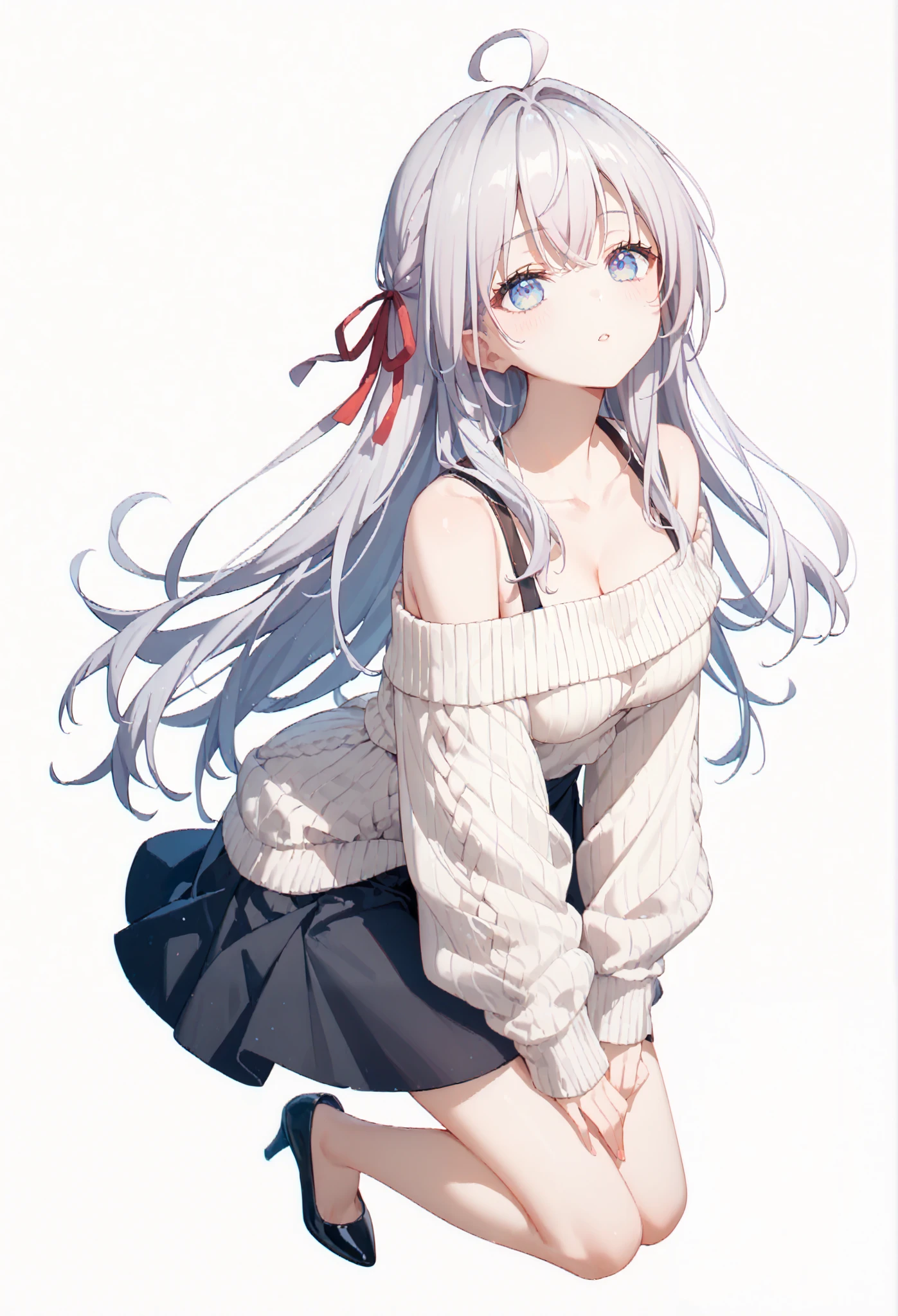 Score_9, Score_8_up, Score_7_up, source_anime, long hair, bangs, , medium breasts,  looking up at the camera, 1girl, solo,  sweater, high heels, off shoulder, looking at viewer, breasts, collarbone, white background, bangs, off-shoulder sweater, black footwear, full body, long sleeves, simple background, bare shoulders,lisamikhailovnakujou, long hair, bangs, blue eyes, ahoge, gray hair, red  hair ribbon,detail beautiful eyes,