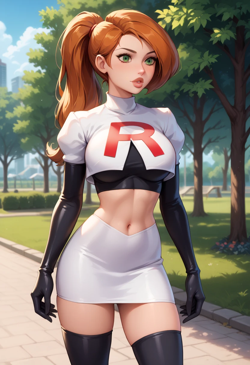 score_9, score_8_up, score_7_up, 1girl, solo, beautiful waifu, Kim Possible, ponytail, .eyes half-closed, filled lips, thick lips, detailed eyes, detailed face, Cosplay_TeamRocket, team rocket uniform, white jacket, cropped jacket, white skirt, elbow gloves, black thigh highs, in beautiful green park, trees, shallow depth of field.