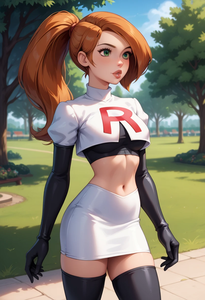 score_9, score_8_up, score_7_up, 1girl, solo, beautiful waifu, Kim Possible, ponytail, .eyes half-closed, filled lips, thick lips, detailed eyes, detailed face, Cosplay_TeamRocket, team rocket uniform, white jacket, cropped jacket, white skirt, elbow gloves, black thigh highs, in beautiful green park, trees, shallow depth of field.