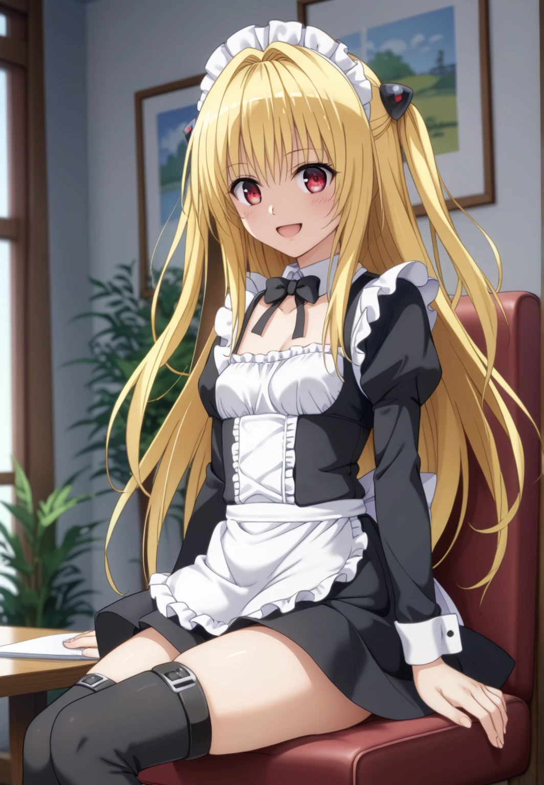 score_9, score_8_up, score_7_up, source_anime Best Quality、 1girl、anime style 、konjikinoyami、Blonde、,Red Eyes、Hair accessories 、Long Hair, 1 girl、black thighhighs、 thigh strap ,  small breasts、short 、maid clothes 、skirt by the、（small tits）、 sit on a chair、smile、sunlight、 open your mouth wide、upper body、Thin arms、Thin legs、cute、 Beautiful Legs 、 beautiful eyes with beautiful details ,  sparkle with beautiful details, 