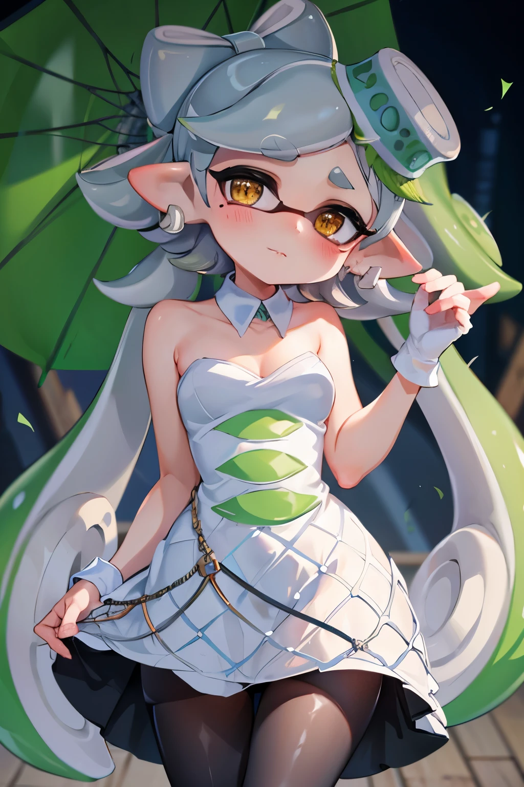 (8k, raw photo, masterpiece, extremely detailed, best quality, professional lighting, high res), BREAK beautiful and adorable girl, marie, splatoon, inkling, tentacle hair, sleepy eyes, slim body, 140 cm height, little big head, ennui, mysterious