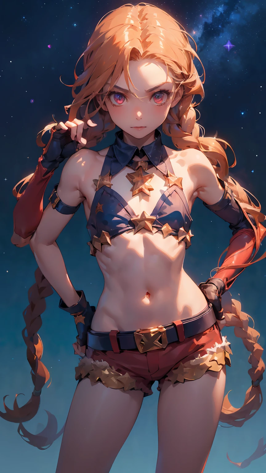 ( high quality ,   masterpiece ), (victory pose:1.2), shine, hand on hip, starry background, hand up,  looking at the spectator ,  intricate details, azar \(league of legends\), 1 , double braids,  single elbow glove,  short shorts ,  Only Bikini Top , collar, belt, Bala, fingerless gloves