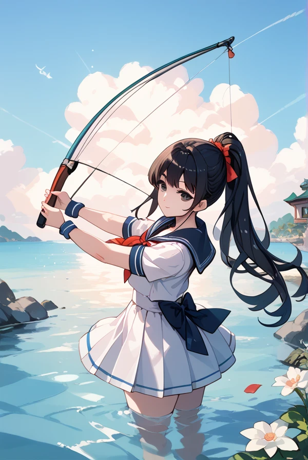 Black hair, long hair, ponytail, beautiful black eyes, sailor suit, breakwater, girl fishing on the breakwater