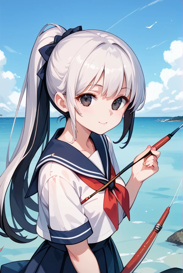 Black hair, long hair, ponytail, beautiful black eyes, sailor suit, breakwater, girl fishing on the breakwater