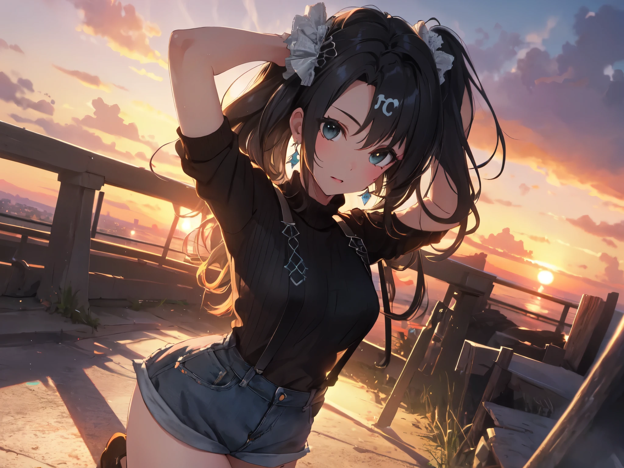 Solo, 1 Female, (Human Ears, Earrings, 3D Breasts), (Black Hair), (Arms Behind Head, Kneeling), (Anime Face, Ahegao), (Hair Accessories), (Leather Suspenders, Cable Knit Sweater, Denim Shorts, Stockings), (Sunset Sky, Sunset, Evening Sky), (Focus on Breasts), (High Resolution, Masterpiece, Accurate, Anatomically Correct, Multiple Award Winning Condition, Top Quality, Detailed, High Quality Model, High Quality, Retina, Highly Detailed Condition), Textured Skin, Ultra High Resolution).