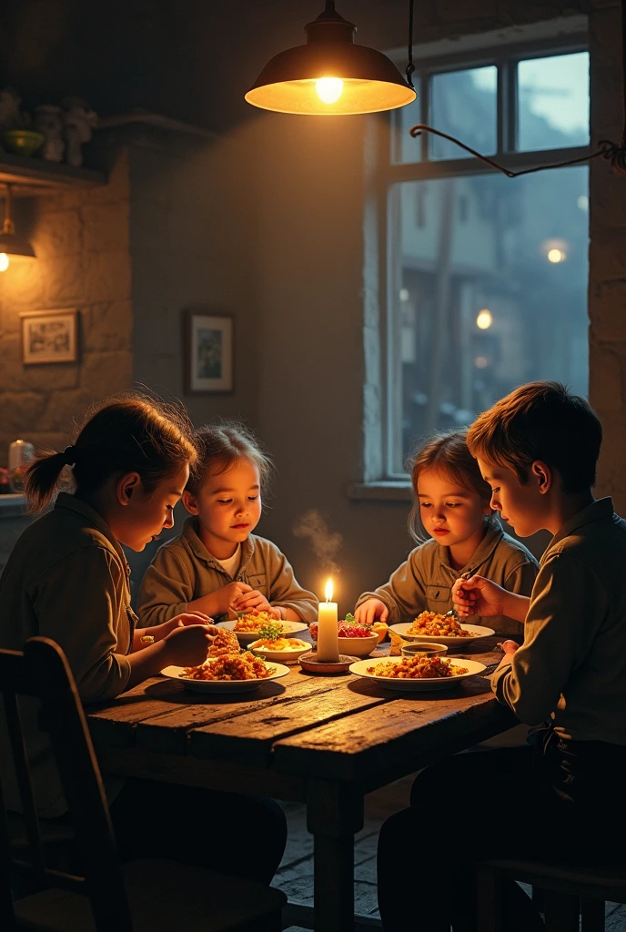 There was a group of small children eating snacks,At the table,On a stool,Snacks on the table had wick cakes,teas