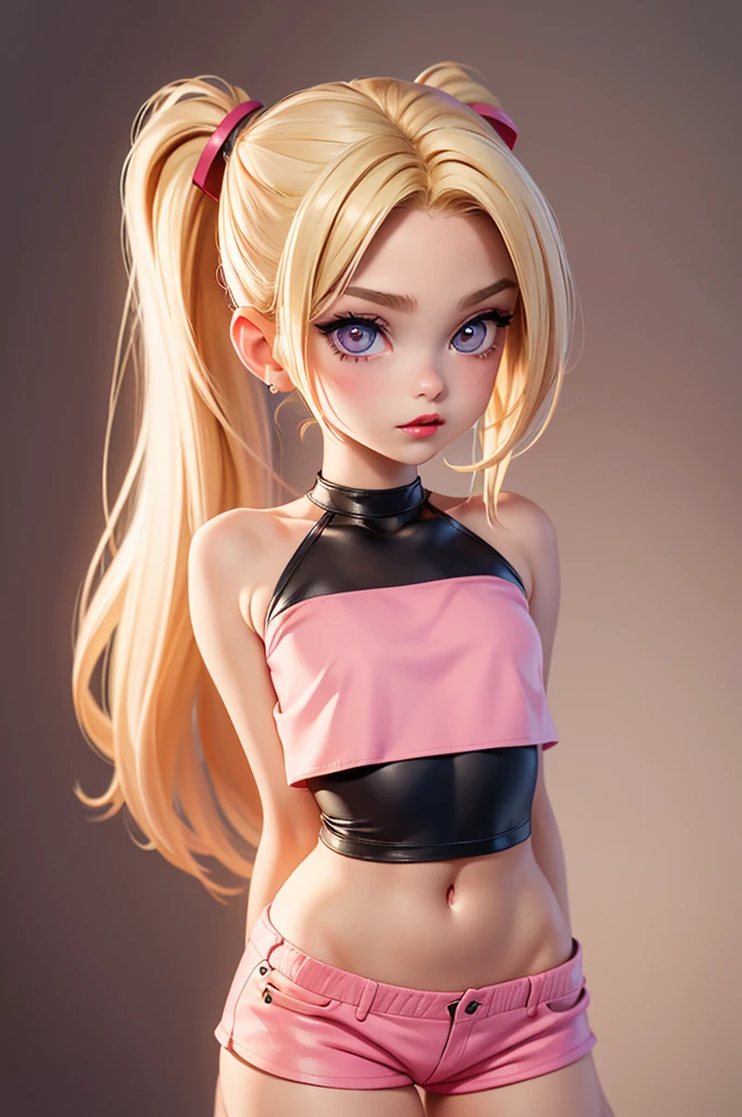 hyperrealistic 14 year old american teen, blonde, little, perfect tiny body, sexy, dark makeup, small choker, perfect slim face, big red lips, very cute face, tiny body, big eyes, young looking, childish looking, perfect belly, pink tight small top, pink tight skirt