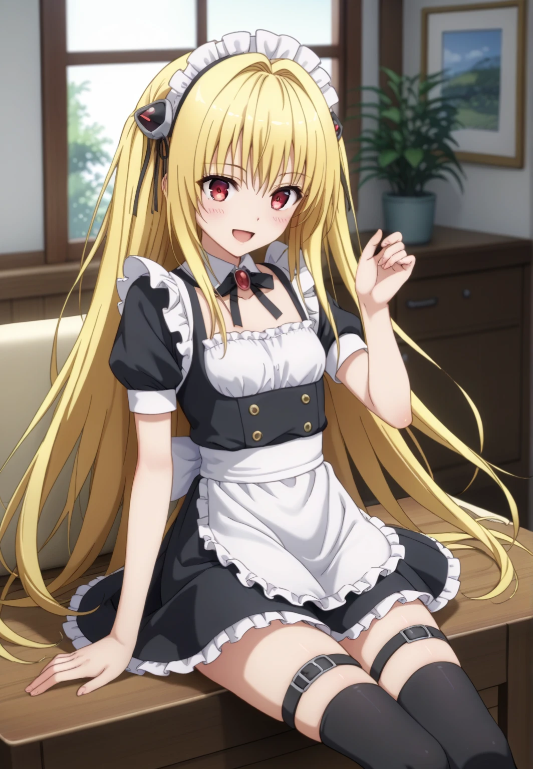 score_9, score_8_up, score_7_up, source_anime Best Quality、 1girl、anime style 、konjikinoyami、Blonde、,Red Eyes、Hair accessories 、Long Hair, 1 girl、black thighhighs、 thigh strap ,  small breasts、short 、maid clothes 、skirt by the、（small tits）、 sit on a chair、smile、sunlight、 open your mouth wide、upper body、Thin arms、Thin legs、cute、 Beautiful Legs 、 beautiful eyes with beautiful details ,  sparkle with beautiful details, 